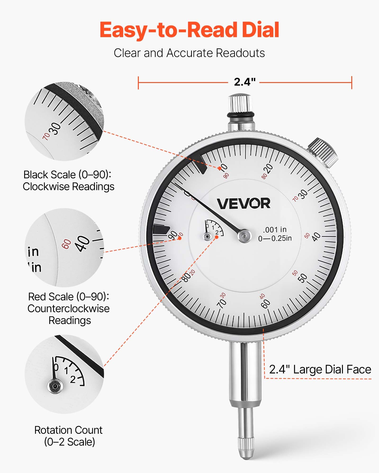 VEVOR Juego de Calibres de Cuadrante, Precisión de 0,03 mm, Rango de 0 a 6,35 mm, Indicador de Cuadrante y Comprobador de Diámetro Interior, con Varilla, Caja de Almacenamiento y Yunques, Negro
