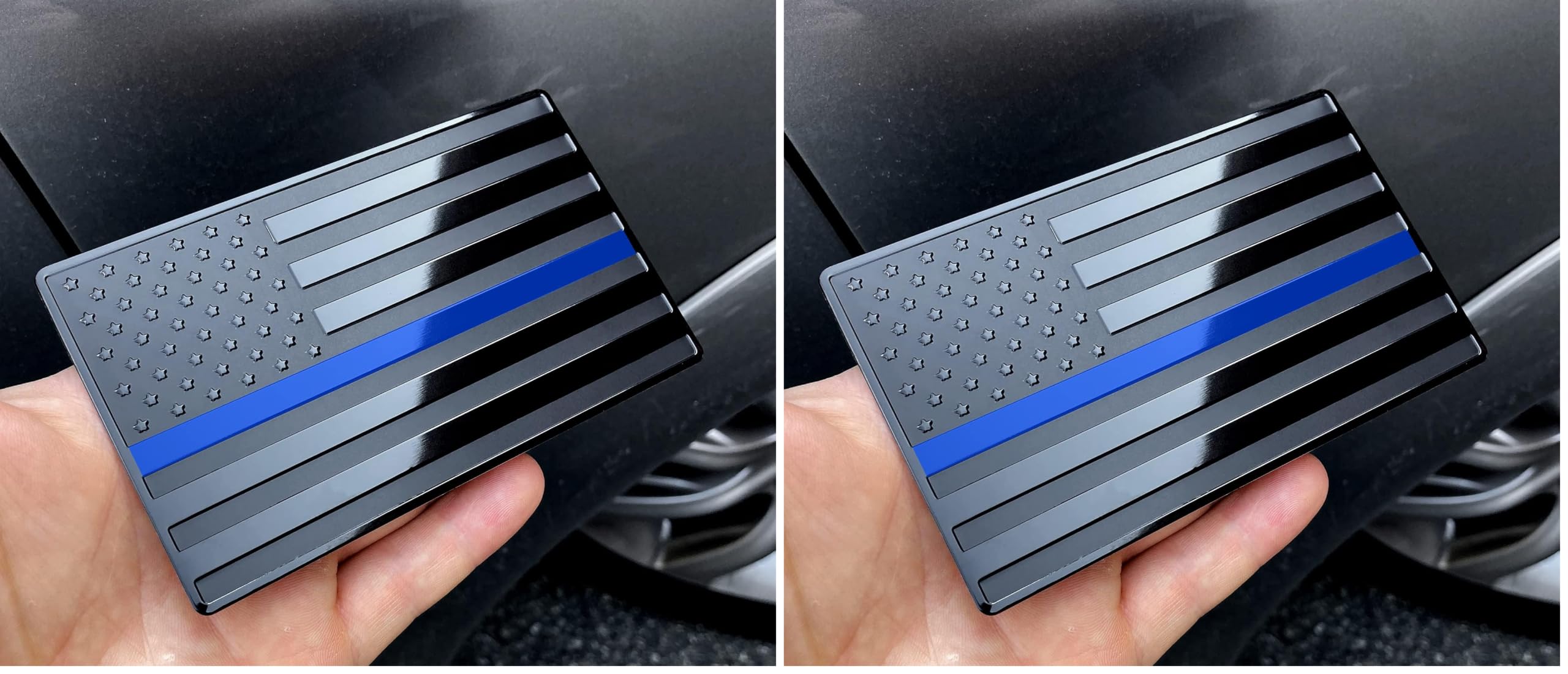 USA Embossed Stainless Steel Metal Flag for Cars, Trucks Show Support of Police and Law Enforcement Officers Black with Thin Blue Line 5"x3" (Pack of 2)