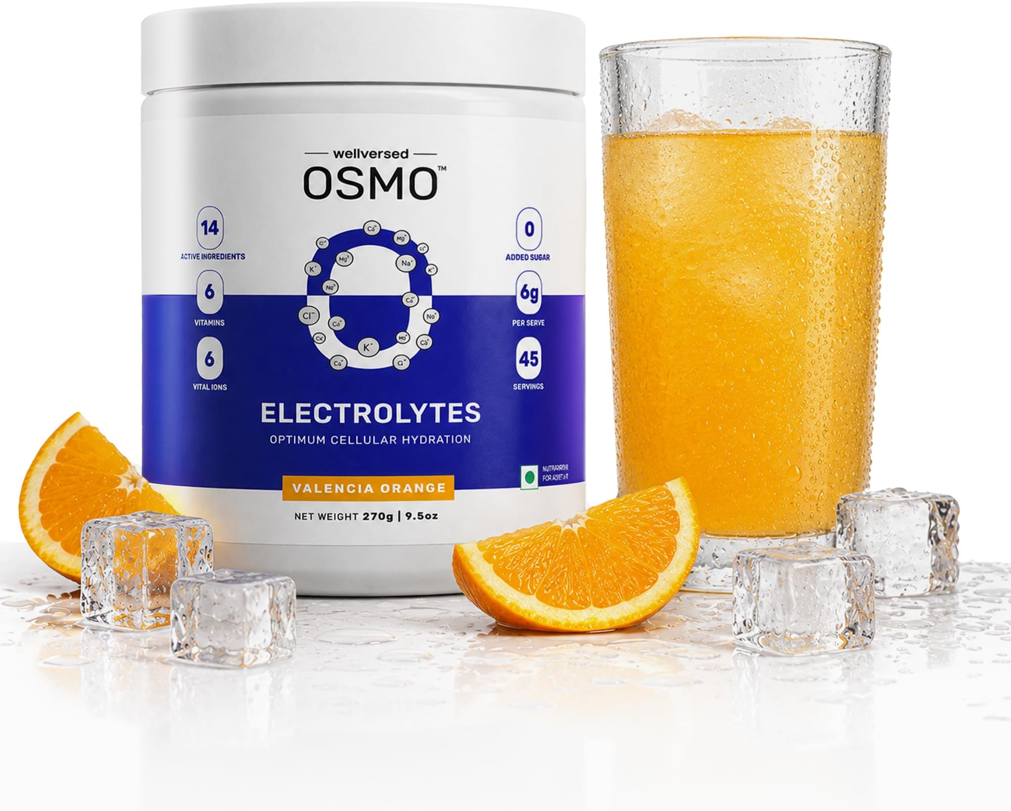 Wellcore OSMO Electrolyte Powder (45 Servings, 270gm) | Valencia Orange | Drink With 5 Vital Electrolytes: Na, Mg, Ca, K, PO4 | Sugar Free Electrolyte | Instant Energy & Hydration Solution