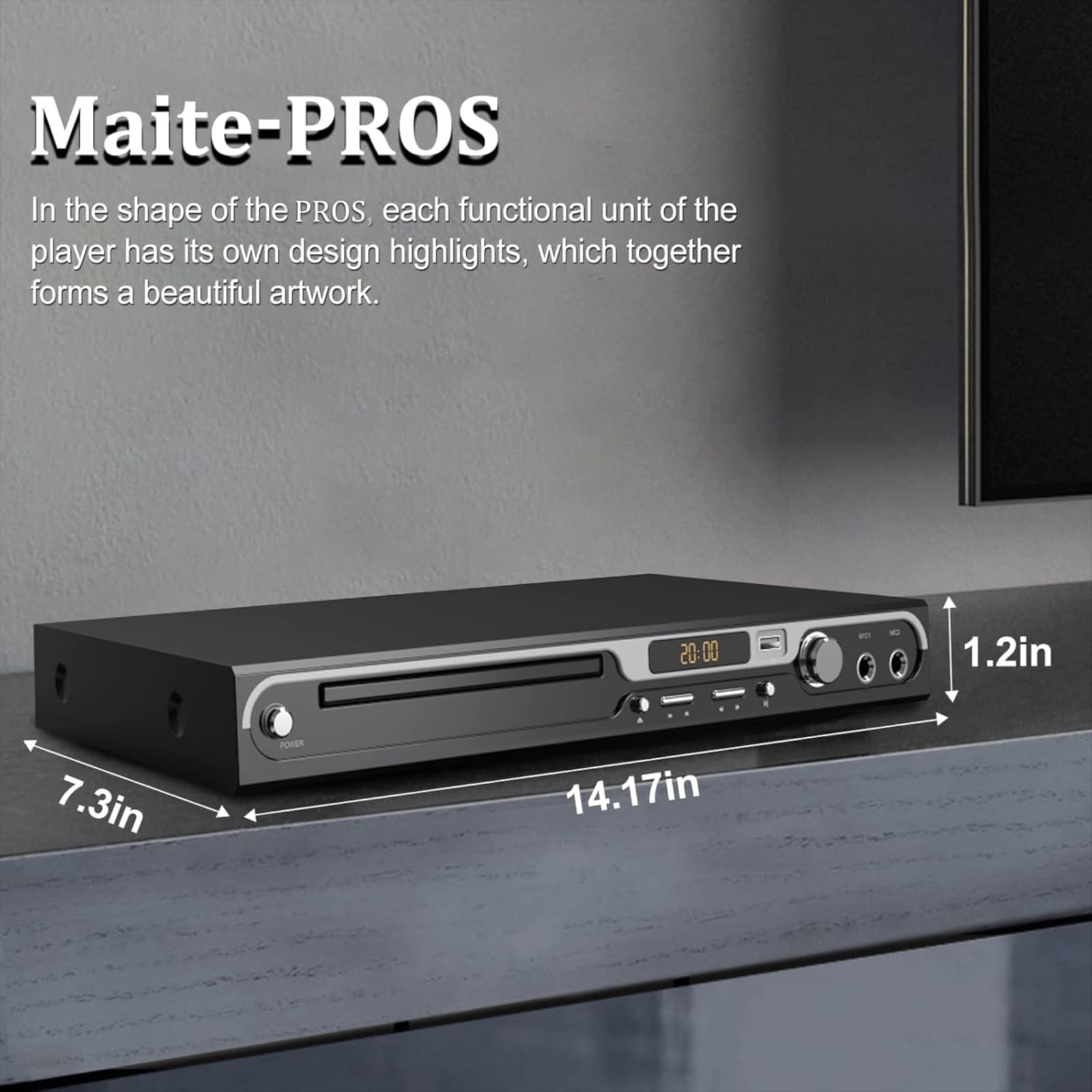 Maite Lettore DVD HD 1080P per TV, HDMI con doppio ingresso per microfono, region free, supporto ingresso scheda USB/SD, uscita HDMI/AV, pulsante in metallo e suono Dolby