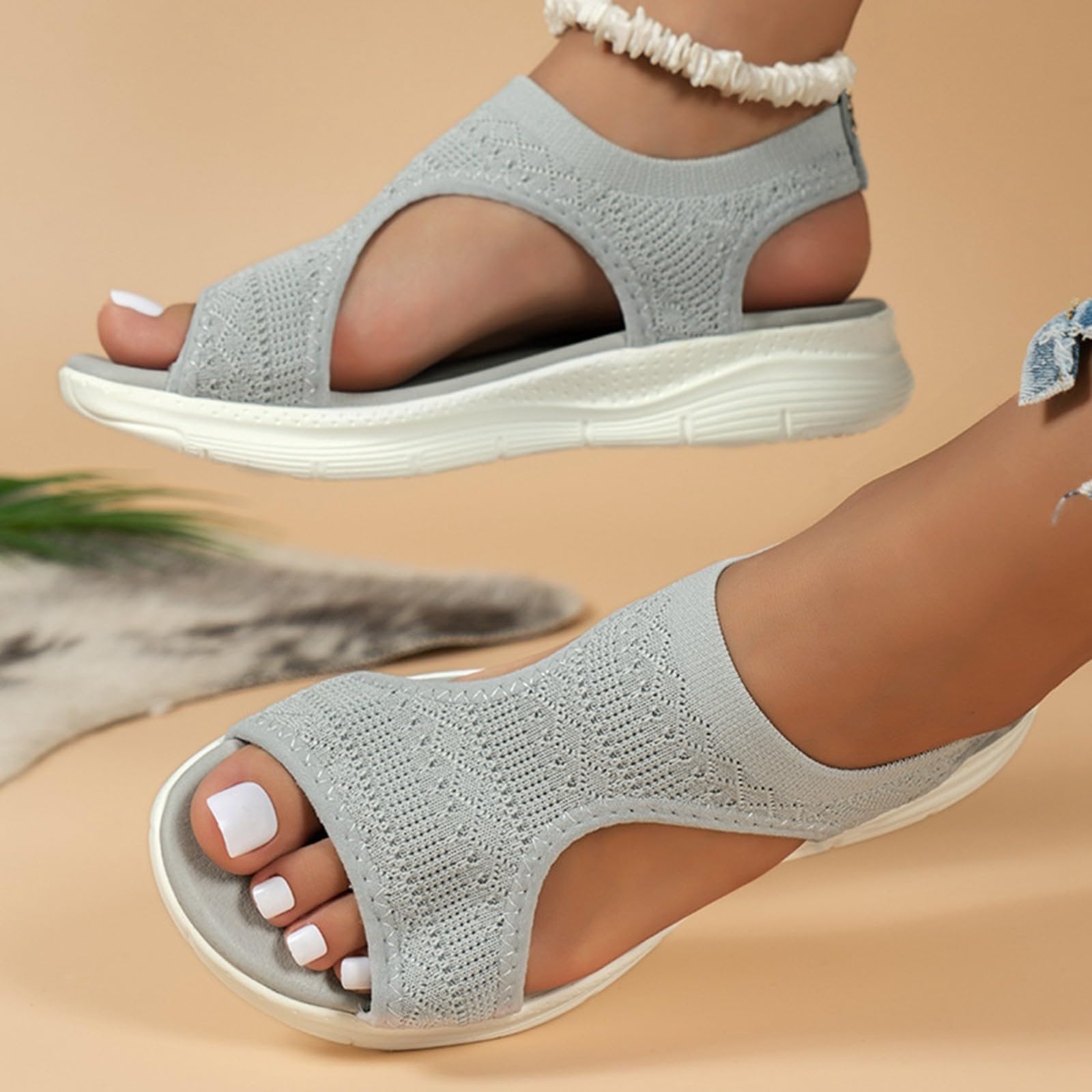 Sandalen Damen Sommer - Bequeme Orthopädische Slingback Slides Mit Weichem Fußbett - Waschbare Outdoor Wassersandalen - Casual Strick Plateau Sandalen