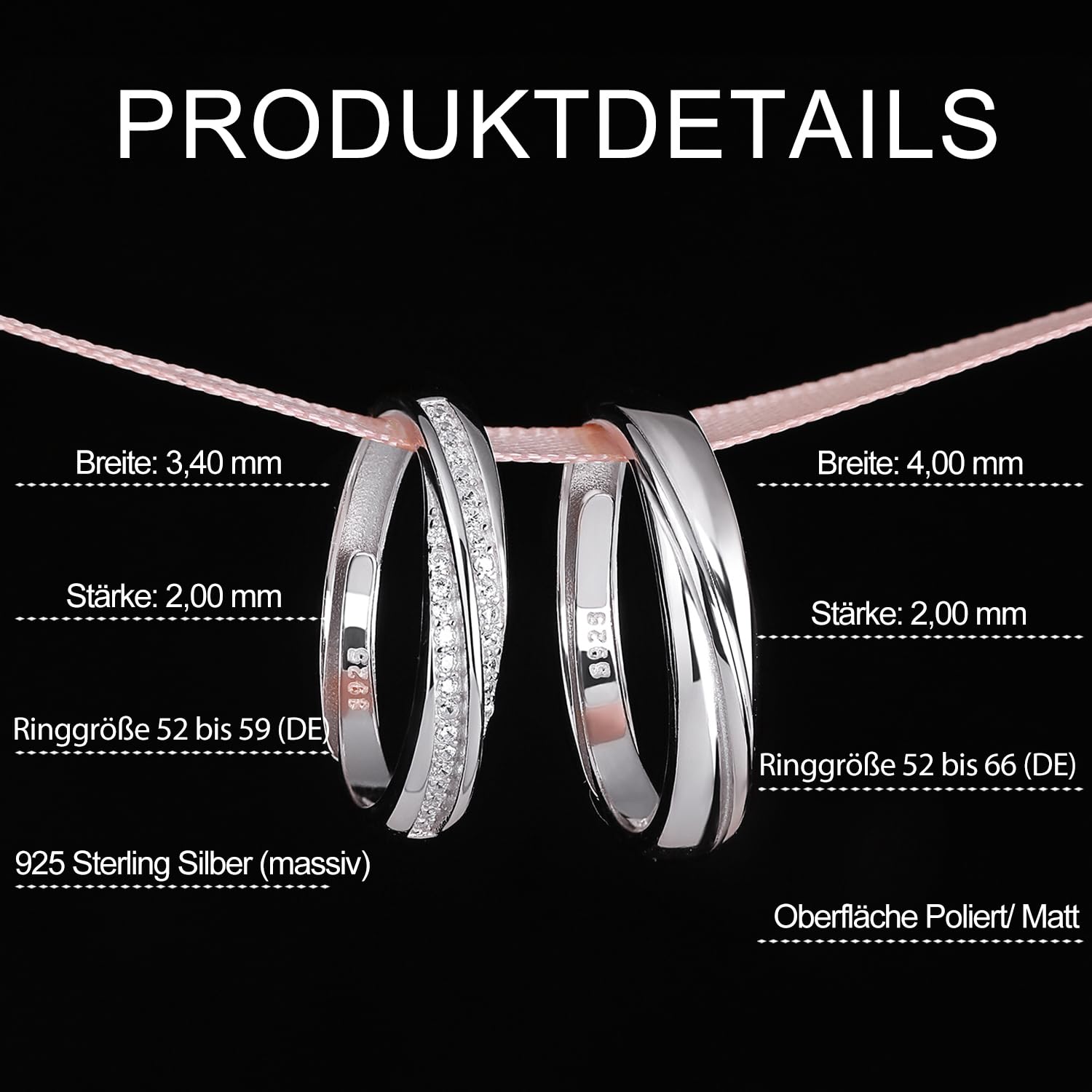 Meissa 2 Paar Ringe für Damen und Herren 925 Sterling Silber Ehering passende Versprechen Ringe Größe verstellbar handgefertigt Brautschmuck Größe 44-62