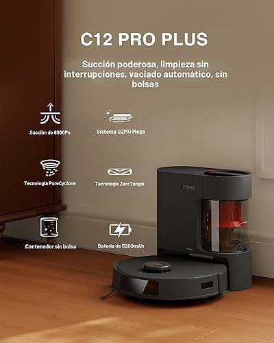 Miniatura 3 de Yeedi C12 PRO Plus Robot aspiradora y trapeador, succión fuerte de 8000 Pa, trapeador vibratorio, almacenamiento de polvo de 7 semanas, contenedor