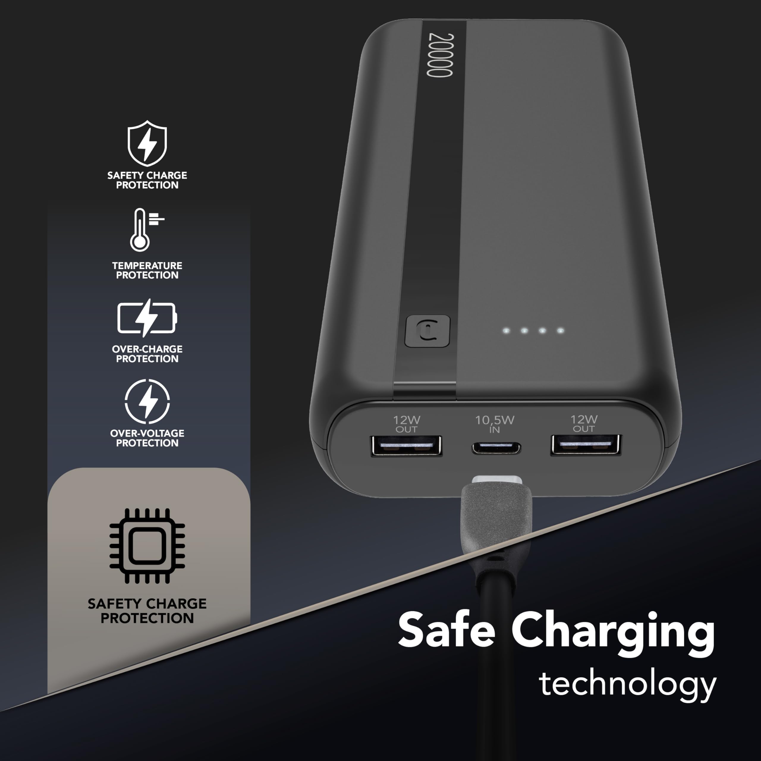Cellularline - Power Bank 20000 - Capacità: 20000mAh - Input: 1xUSB-C 10.5W - Output: 1xUSB 12W - Celle: Li-ion Battery - LED luminosi indicano carica residua - Nero