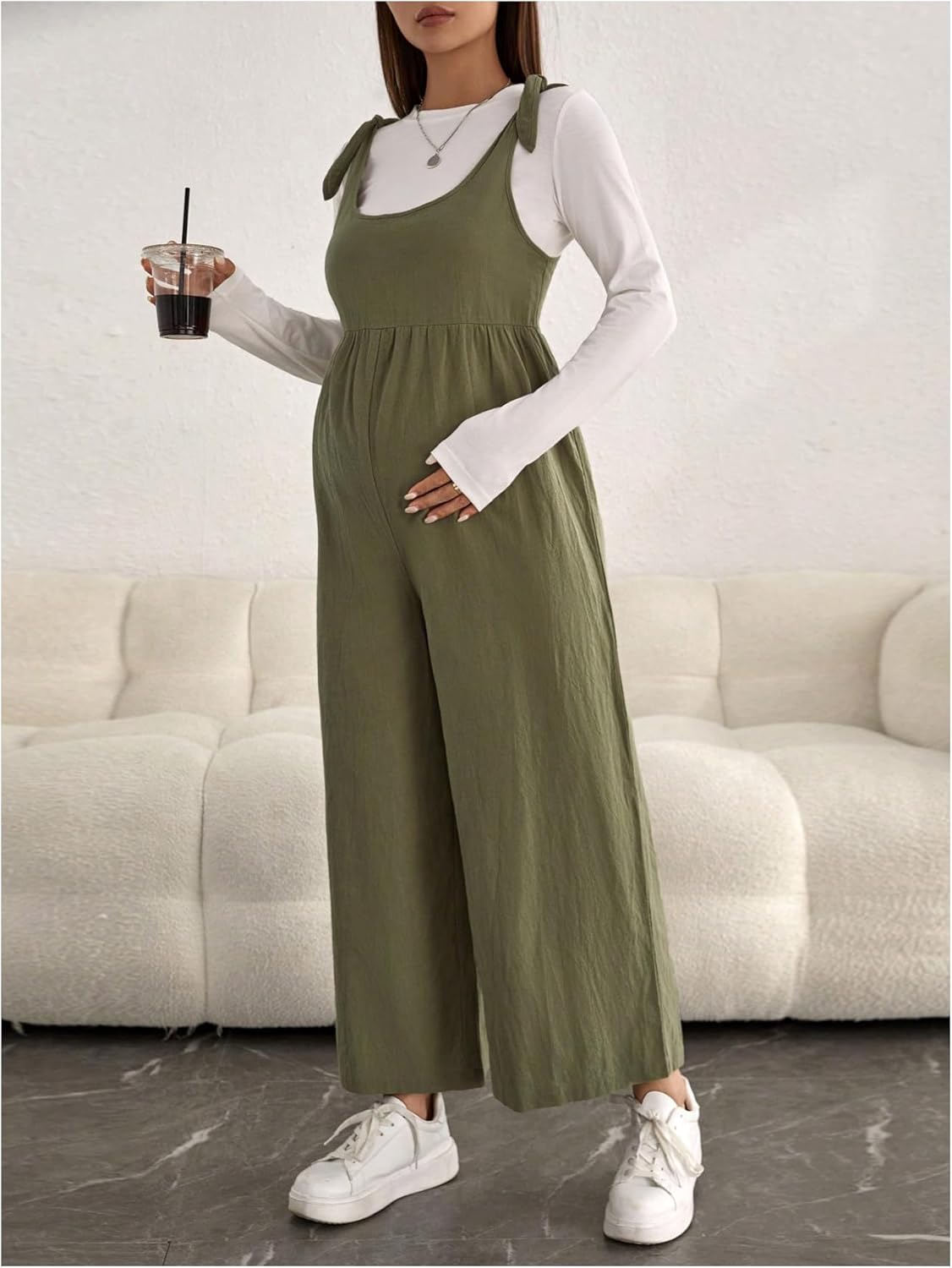 OYOANGLE Women's Maternity Tie Knot Suspender Overall Wide Leg Long Pants Jumpsuit - Image 3