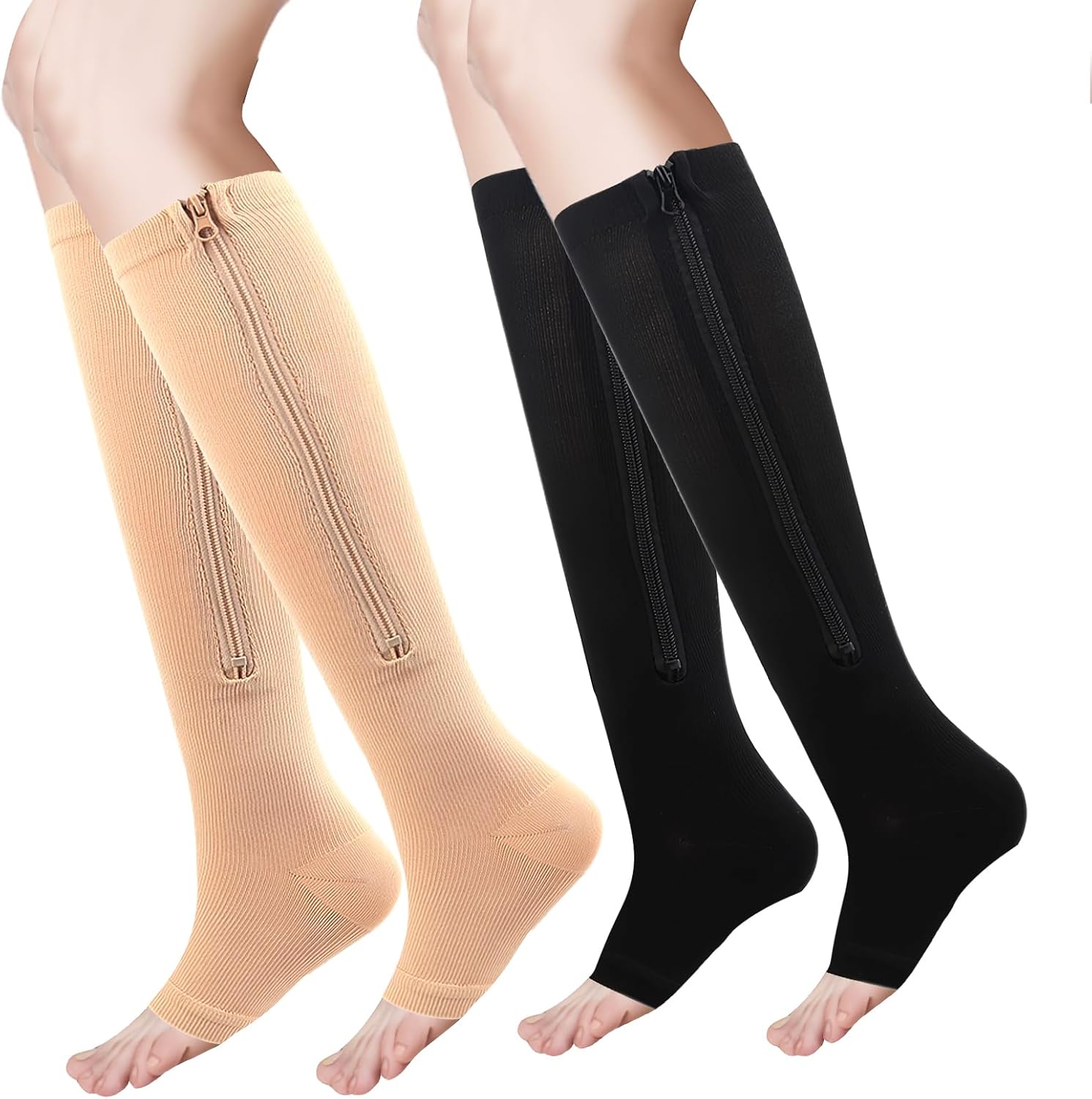 2 Pairs Zipper Compression Socks for Men Women, 15-20mmHg Open Toe Compression Stockings with Zippers