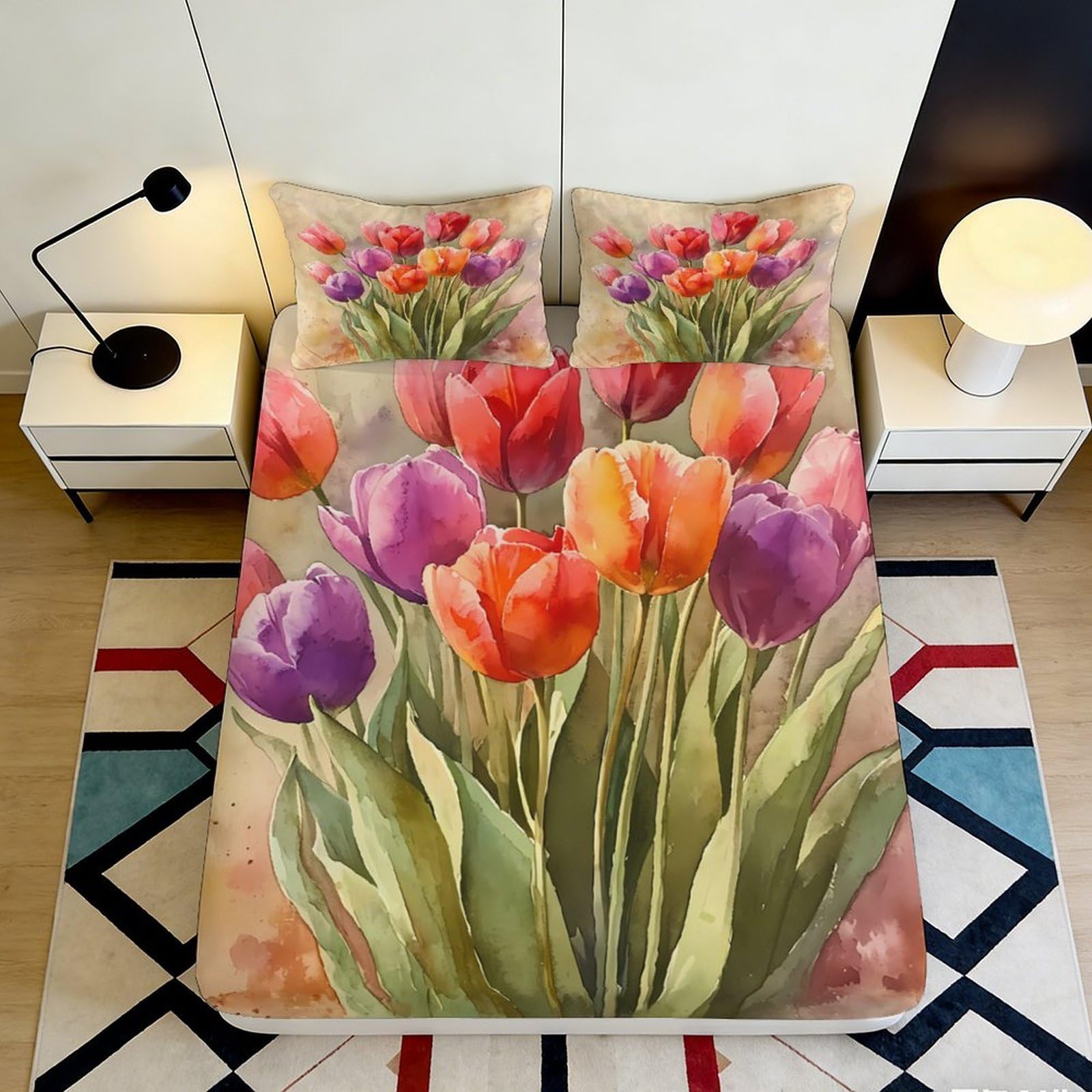 3D Printed Watercolor Tulip Fitted Sheet Microfiber Soft Non-Slip Mattress Cover for Bedroom Guest Room Decor Easy Care 200x200x25cm