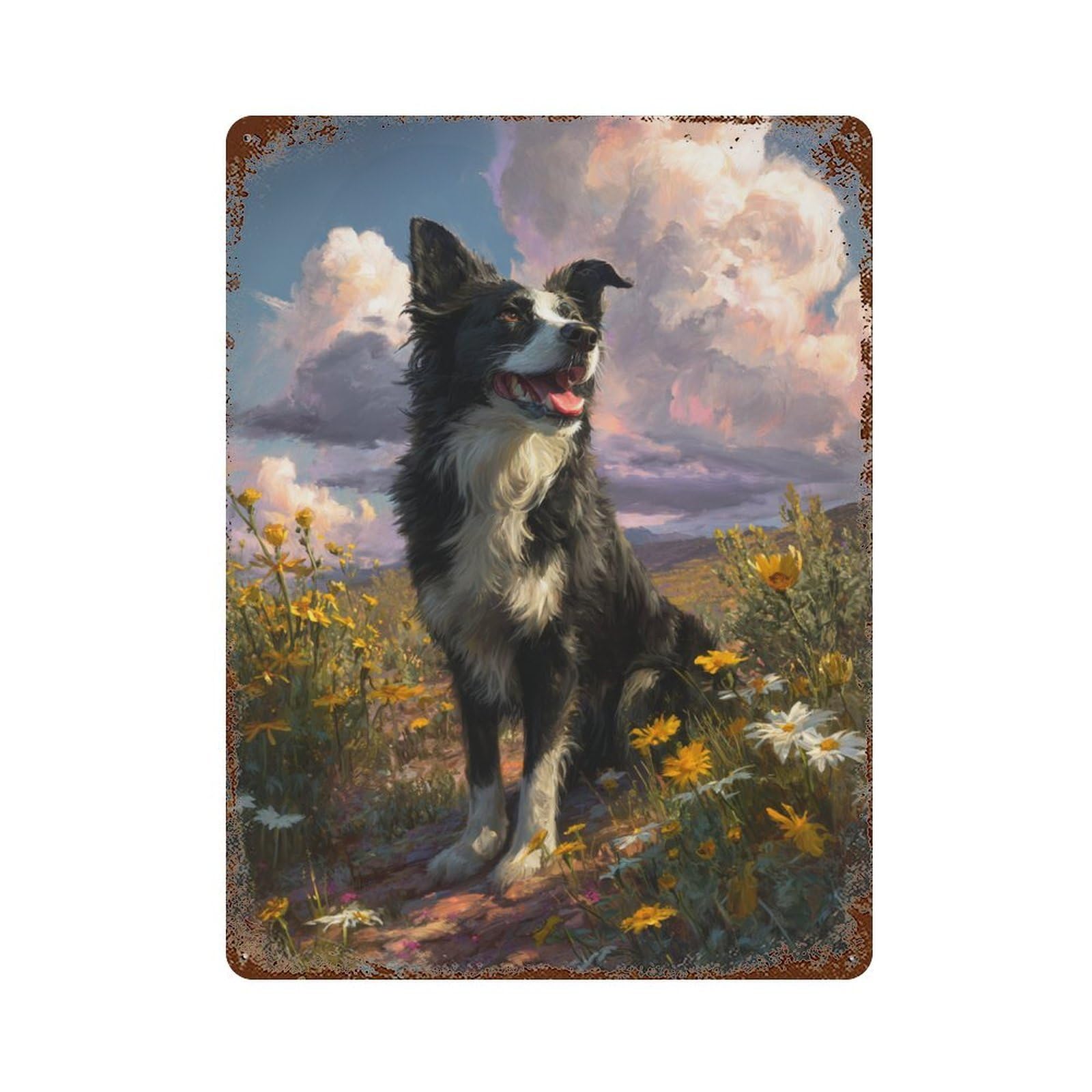 Border Collie in Wildflower Field 15.7"x11.8" Distressed Metal Wall Sign, Retro Wall Decor for Garage, Bar And Workshop Decor