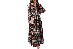 Womens Casual Floral Deep V Neck Long Sleeve Evening Maxi Dress