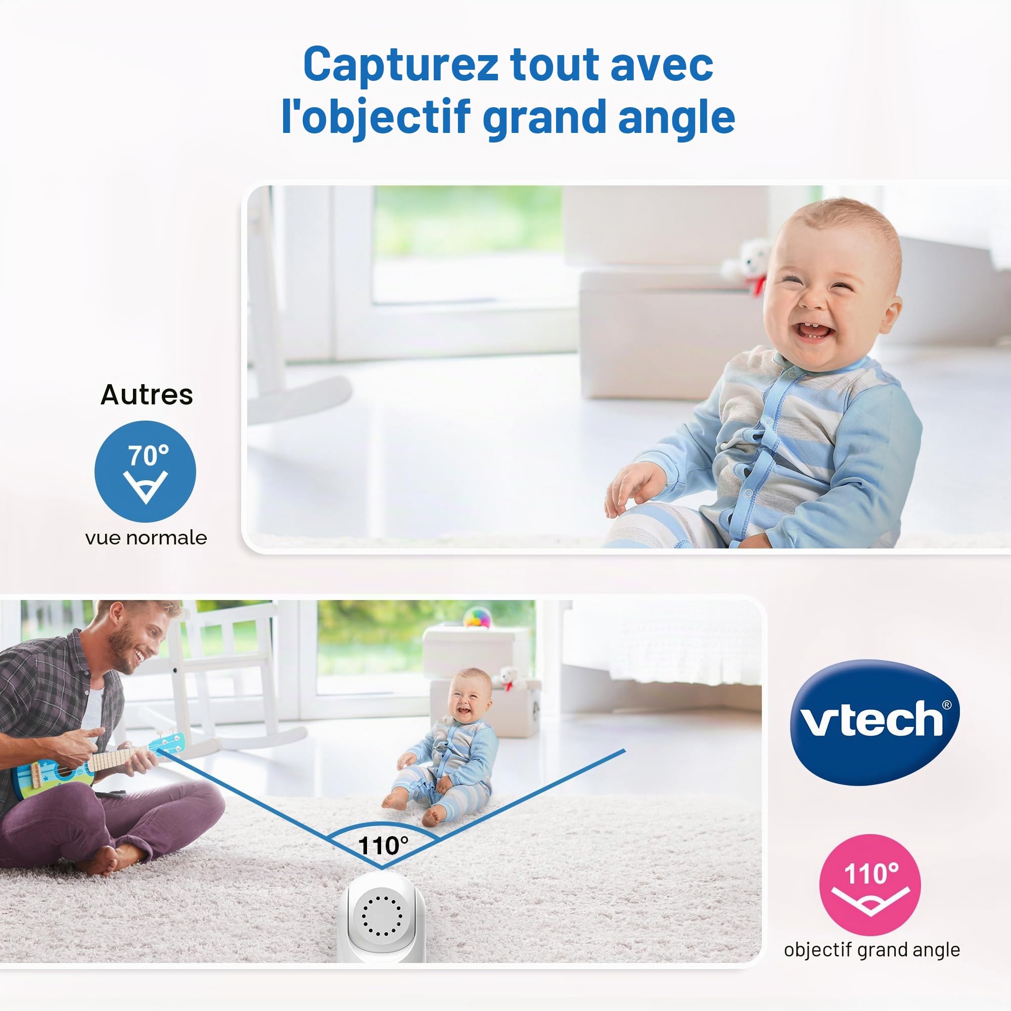 VTech VM7467 Moniteur pour bébé avec écran LCD 7", Zoom inclinable panoramique à Distance, Vue Grand Angle de 178°, Sons apaisants et berceuses, veilleuse Multicolore, Conversation bidirectionnelle,
