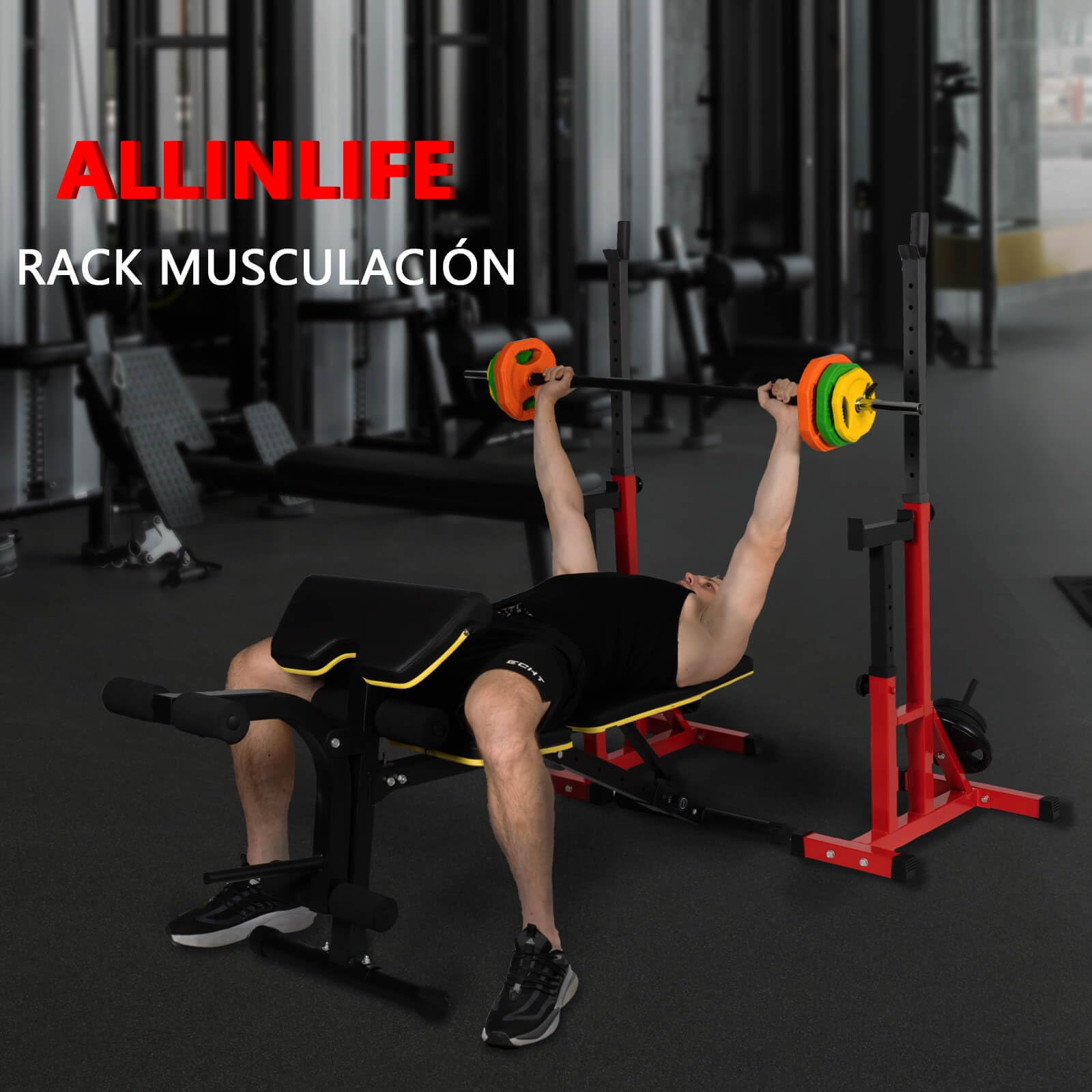 ALLINLIFE Rack Musculación,Soporte Sentadillas Ajustable,Soporte Barra Pesas Multifuncional,Estante de Sentadillas con Soporte para Pesas,Soporte Estante Barra Levantamiento Pesas Gimnasio MAX 250KG