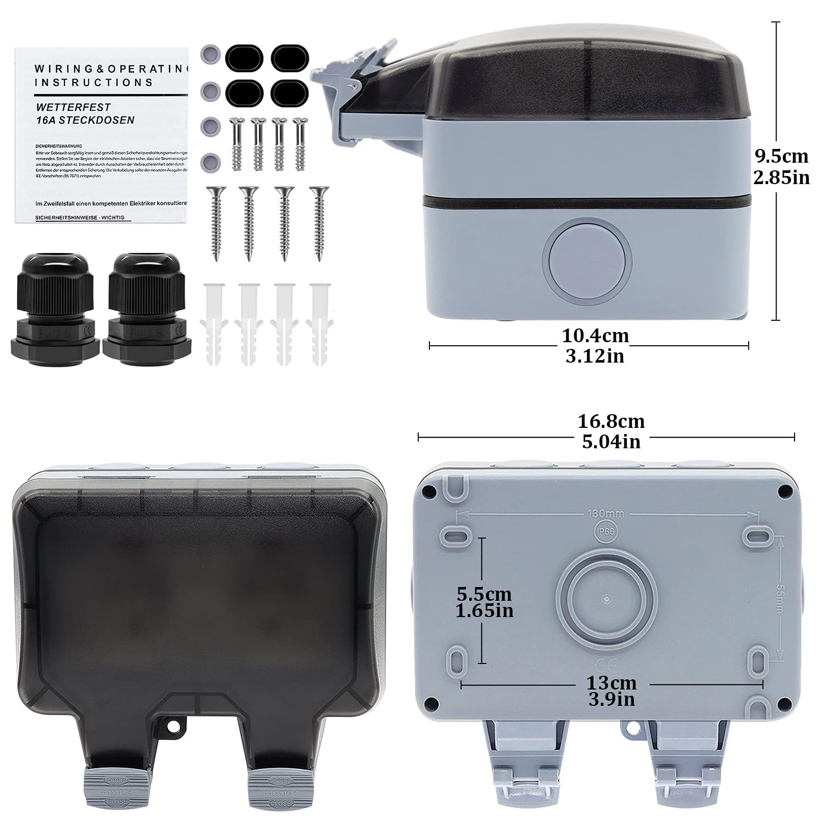 Prise Exterieure Etanche IP66 Double Prise de Courant et Volet de Protection Multiprise Electrique Murale de Jardin, Prise Anti-Poussière et Coupe-Vent avec Interrupteur, Voyant Lumineux