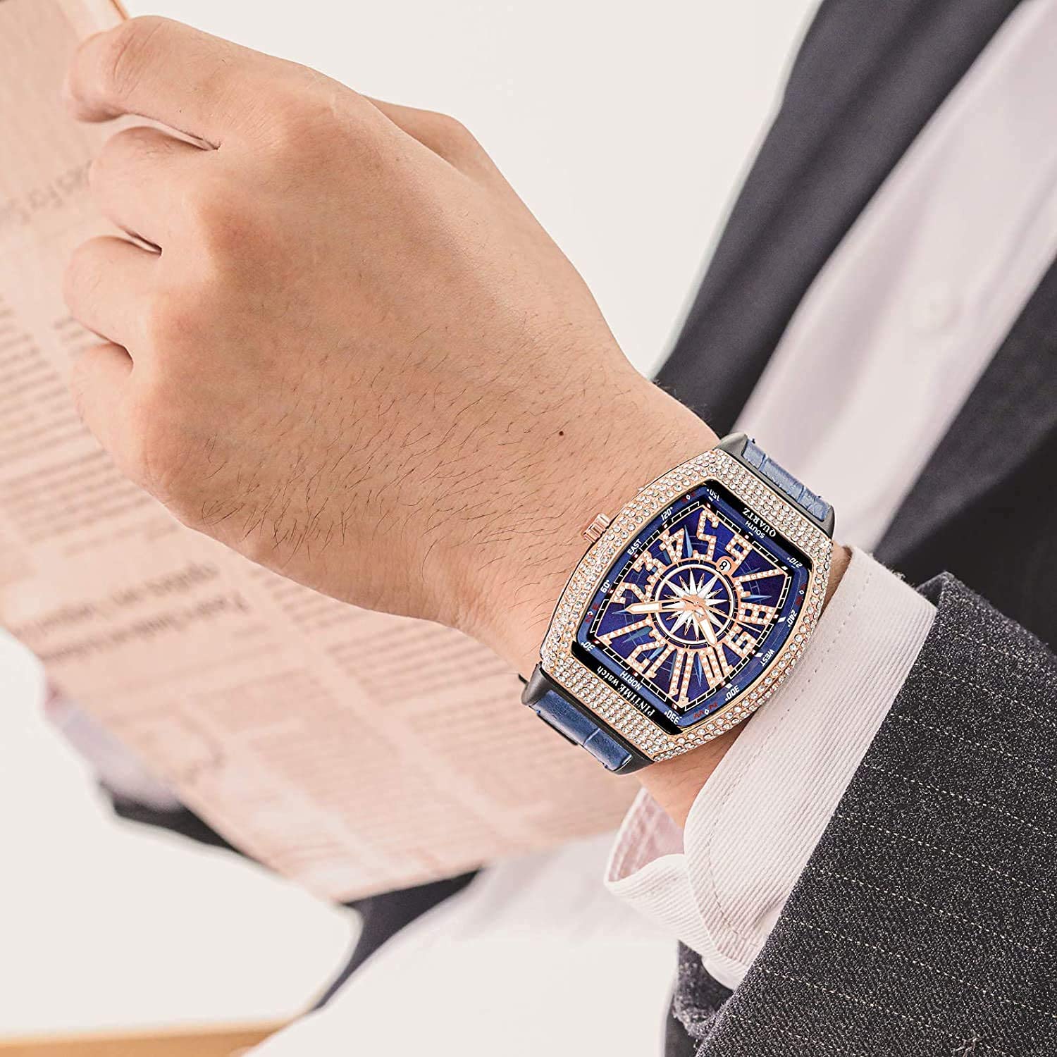 FANMIS Reloj de pulsera para hombre, diseño de calavera grande, rectangular, punk, esfera de diamante, correa de cuero, calendario, de cuarzo, deportivo, Rosa azul, Reloj rectangular punk con