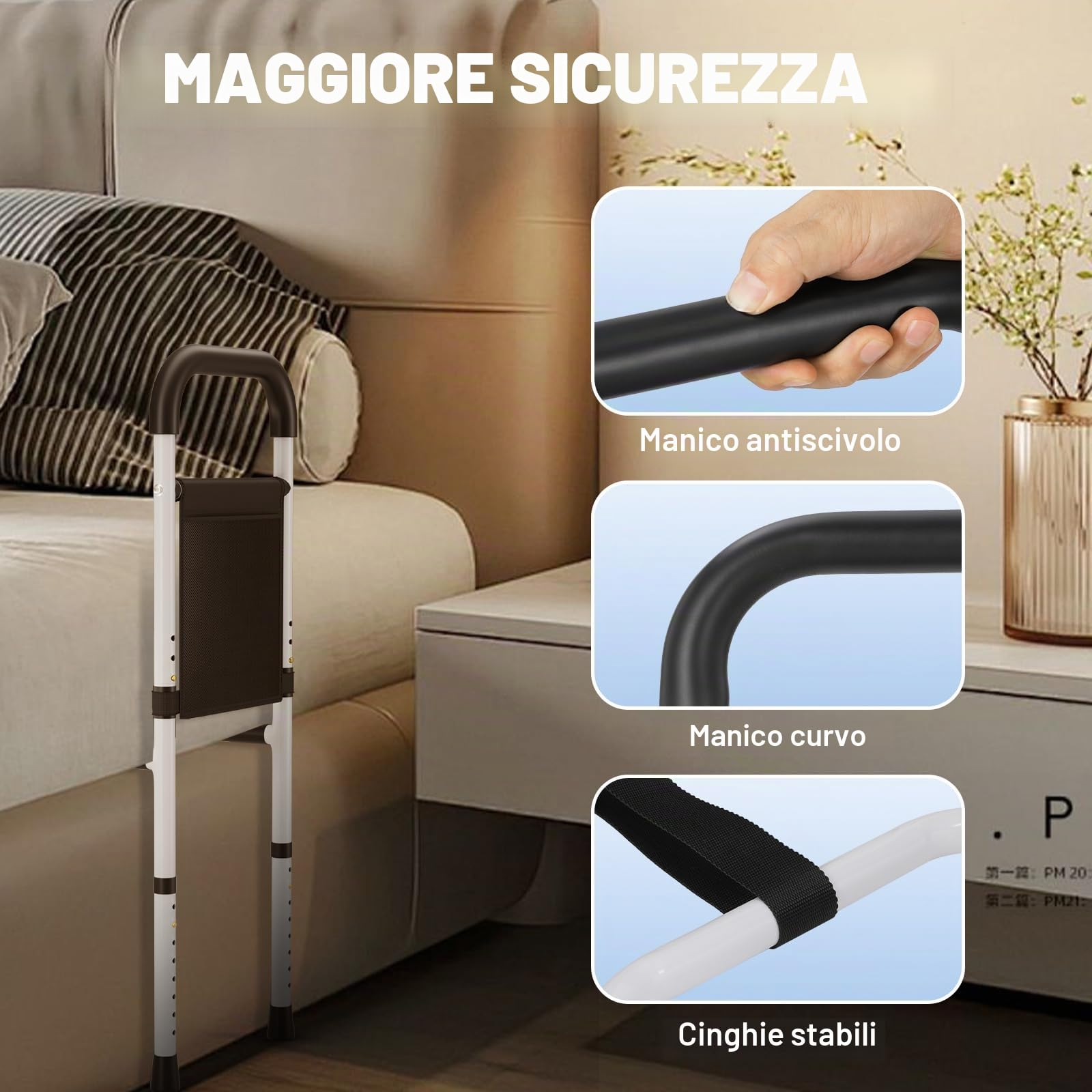 LIFERUN Barriera Letto, Barra da letto, Sponda Letto Anziani Anticaduta Regolabile in Altezza, per Anziani e Disabili, Stabile con Cinghia di Sicurezza, per Evitare Cadute Notturne (grande)