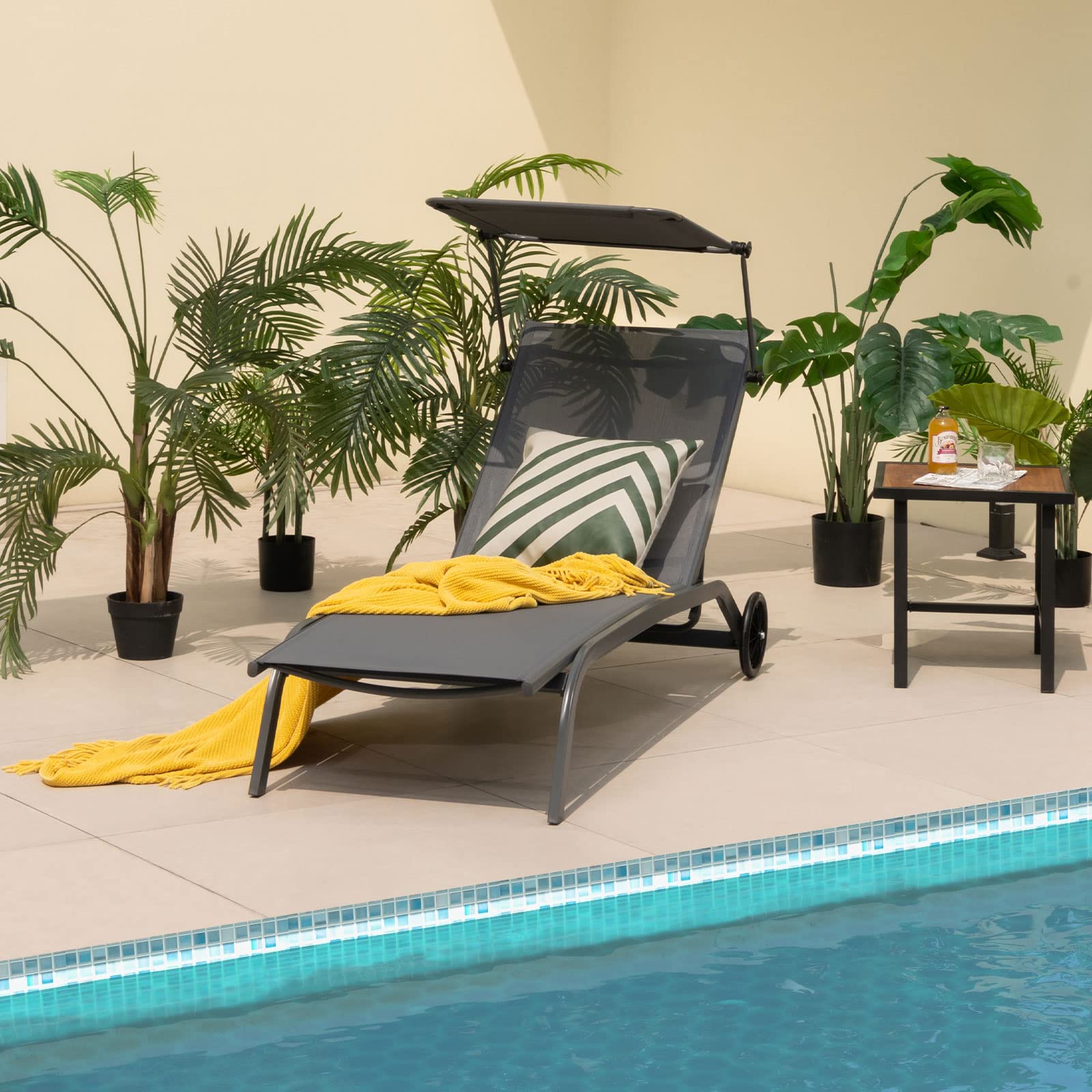COSTWAY Sonnenliege mit Rollen, Dach und Getränkehalter, Gartenliege mit Verstellbarer Rückenlehne, Terrassenliege, Liegestuhl, Rollliege für Garten, Terrasse, Balkon (Grau)