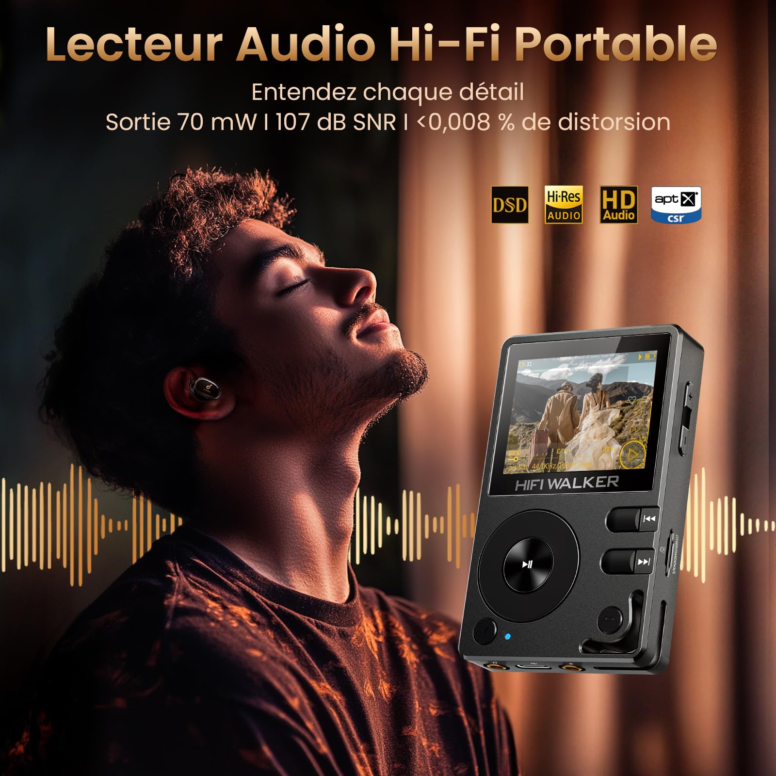 HIFI WALKER H2 128GO Lecteur MP3 Audiophile, Hi-Res FLAC/DSD, DAC, Bluetooth 5.2, Extensible Jusqu’à 512 Go, Boîtier Zinc Solide, Régulateur Alps