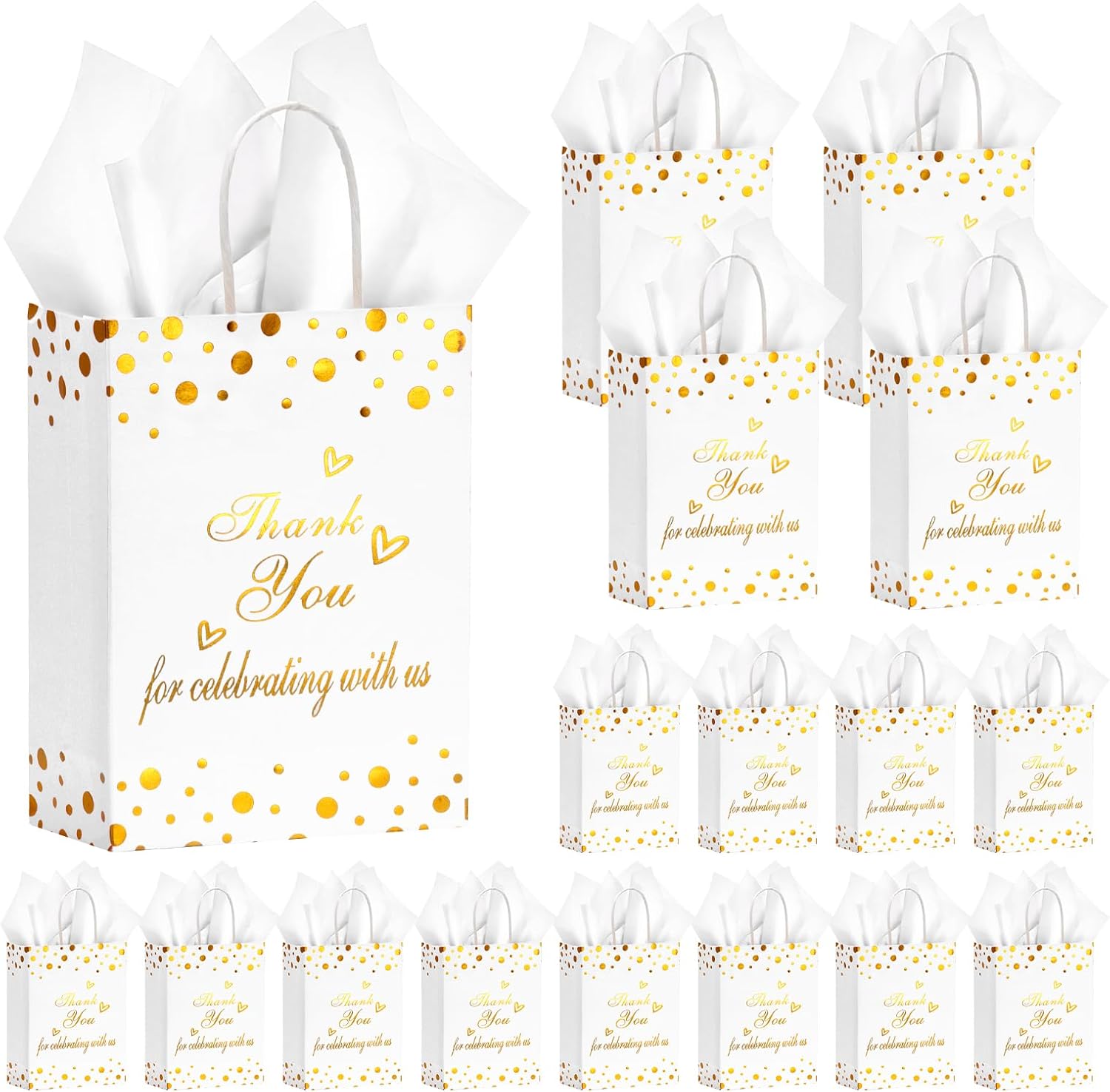 50Pcs Thank You Gift Bags with Tissue Paper, Thank You Paper Kraft Bags Bulk with Handles, Wedding Baby Shower Party Favors Bags for Guests Business Shopping Birthday Bridal Return Souvenirs (White)
