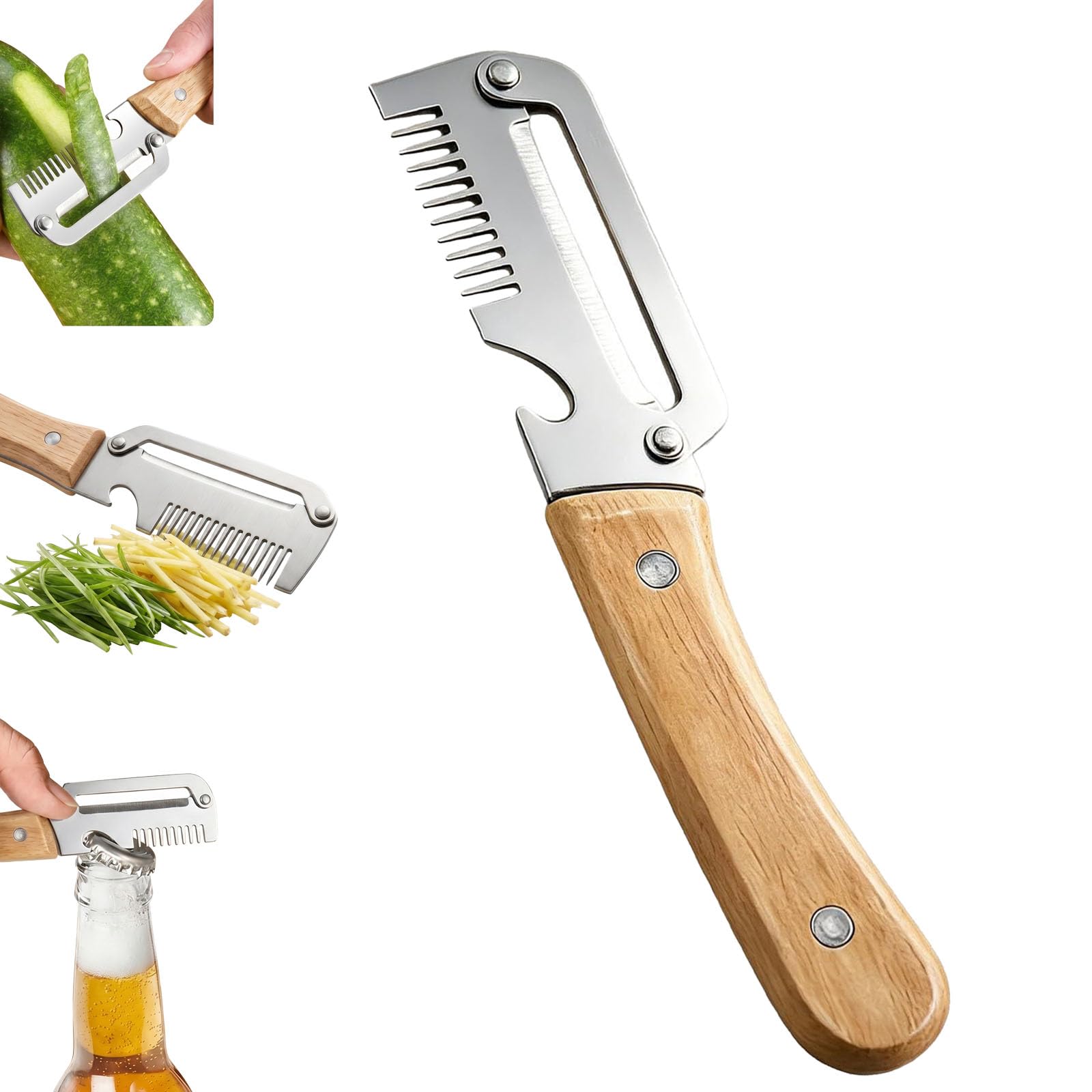 3-in-1 Multifunctional Vegetable Peeler, Upgrade Zero Snag Wooden Kitchen Tool, Stainless Steel Peeler with Wooden Handle for Shredding, Opening Bottles, Vegetables, and Fruits (2 pcs) — view 8