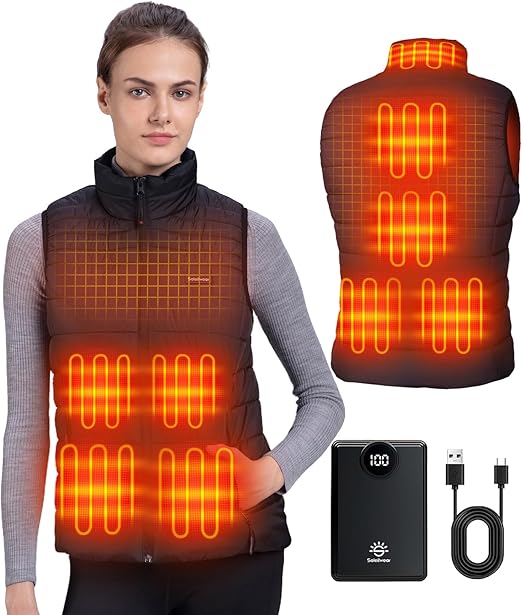 Soleilwear Heated Vest Women, 9 Heating Zones with 12000mAh Battery Pack, Rechargeable Vest Outdoor Hunt Camping Cycling Ski