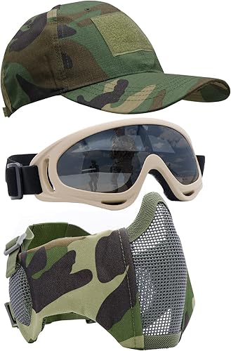 Miniatura 45 de Máscara de Airsoft con Gafas, Máscara de Malla Plegable de Media Cara con Protección para los Oídos para Paintball, Tiro, Cosplay, Juego CS