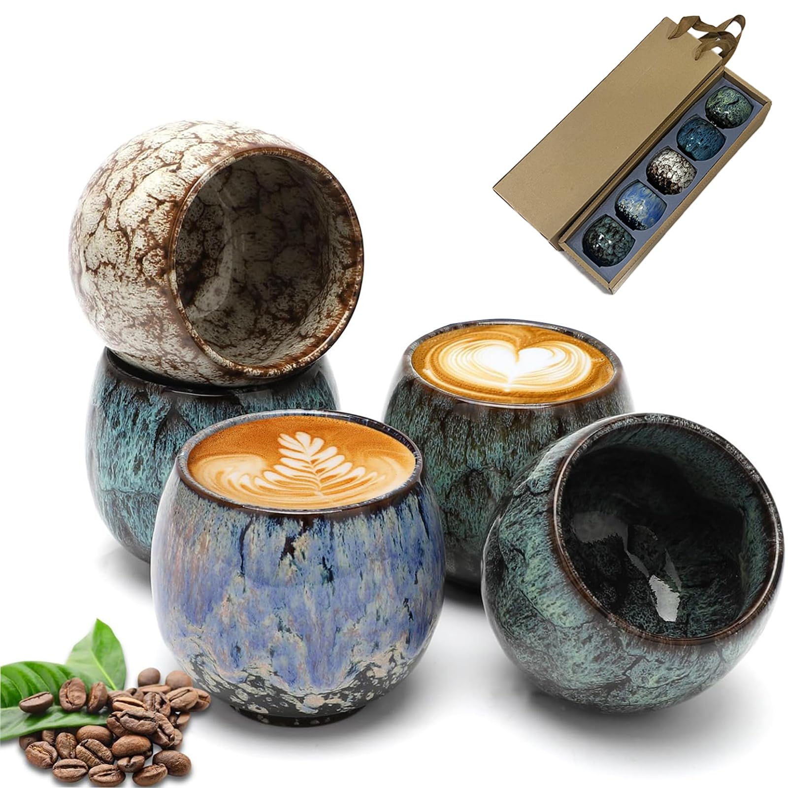 Juego de Tazas de Café Espresso, 5 Piezas de Cerámica, Tazas de Espresso de 100 ml, Juego de Tazas de Cerámica Gruesa, Sin Asa, Pequeña Taza de Té, para Espresso, Moca, Macchiato