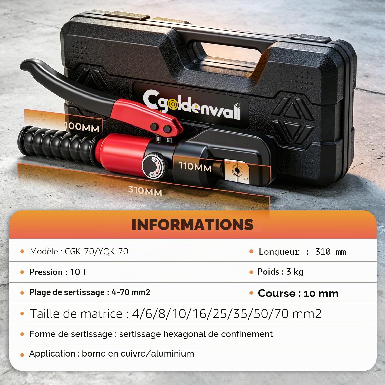 CGOLDENWALL Pince à Sertir Hydraulique YQK-70 8T Sertisseuse 9 Matrices 4-70 mm² Cuivre Aluminium