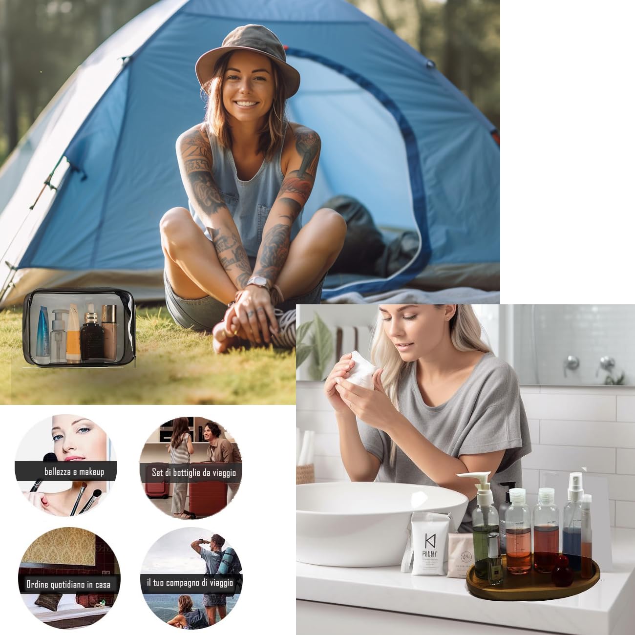Set Borsa da Toilette Trasparente e Bottigliette da Viaggio per Aereo, Contenitori per Liquidi, Beauty Case da Viaggio, Trousse Trasparente, Busta e 8 Pcs Bottiglie Set per Cosmetici, Kit da Aereo
