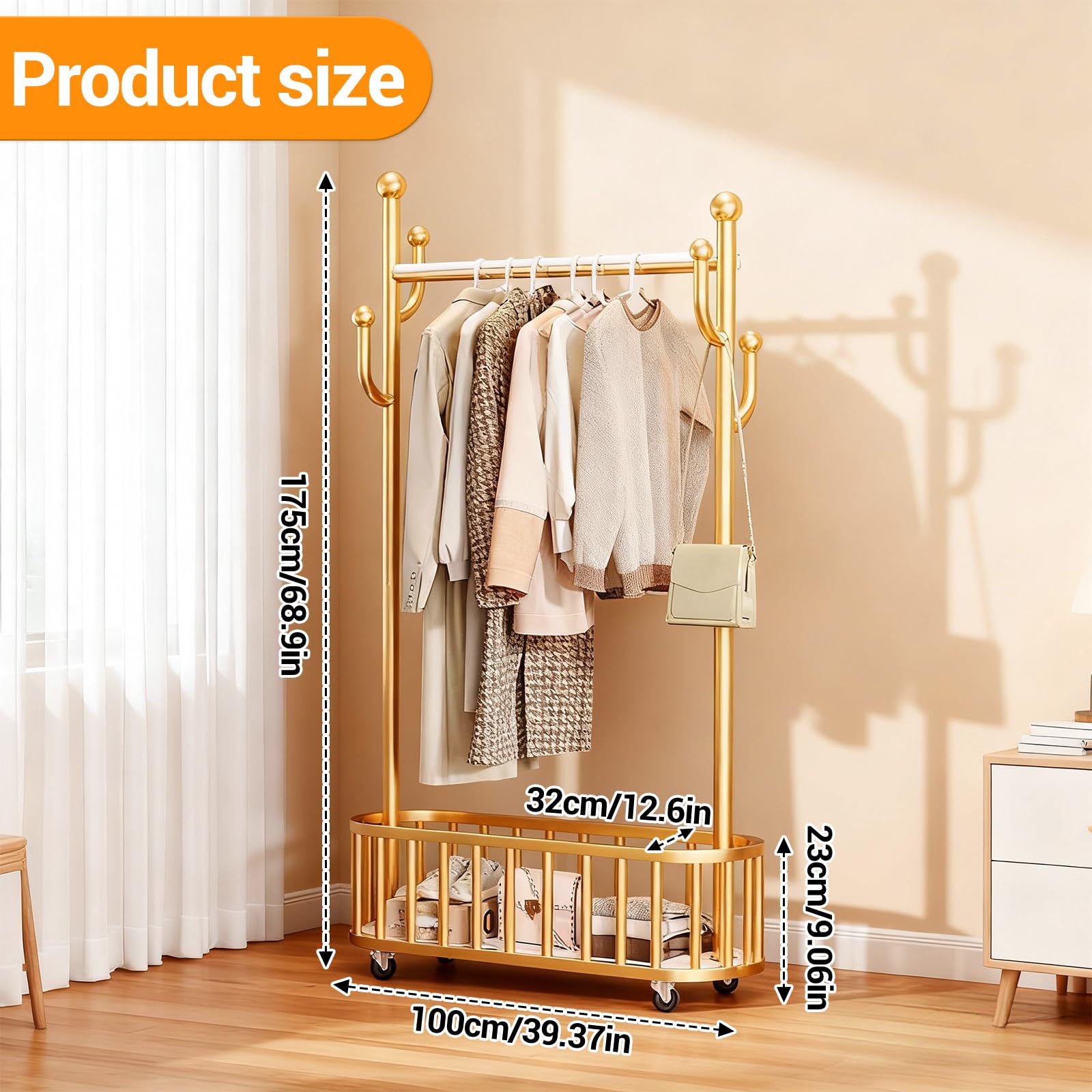 Garvee Perchero Rodante de Metal Portátil con Ruedas y Cesta de Almacenamiento - Soporte Resistente de 80 cm para Ropa - Perfecto para Dormitorio, Lavandería y Sala, 80an. x 175al. Dorado