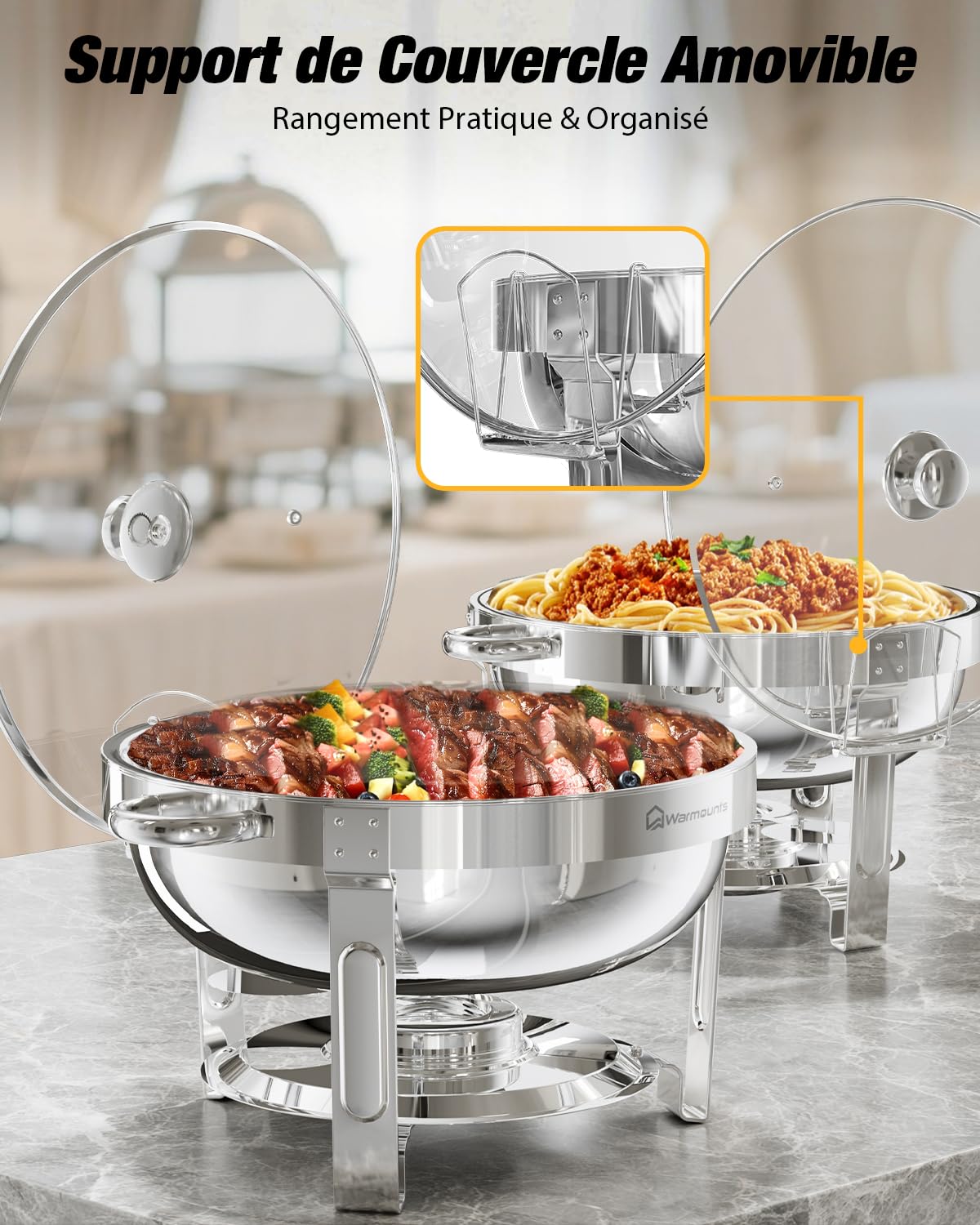 WARMOUNTS Lot de 4 Chafing Dish 5 L, Ronds Réchaud à Buffet avec Couvercle en Verre, Buffets Chauffants en Acier Inoxydable Idéal pour Fêtes, Événements, Mariages, Dîners, Noël et Camping