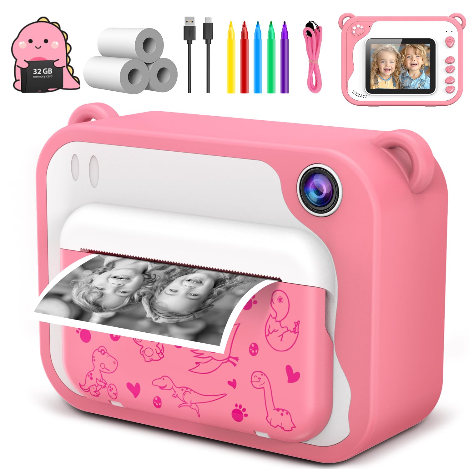 Kids Camera Instant Print 1080p Instant Camera for Kids Aged 3-12 Ink Free Printing Dinosaur Toddler Camera Christmas Birthday Gifts for Boys Girls 3 4 5 6 9 8 9 10 11 12 Years Old (Pink)