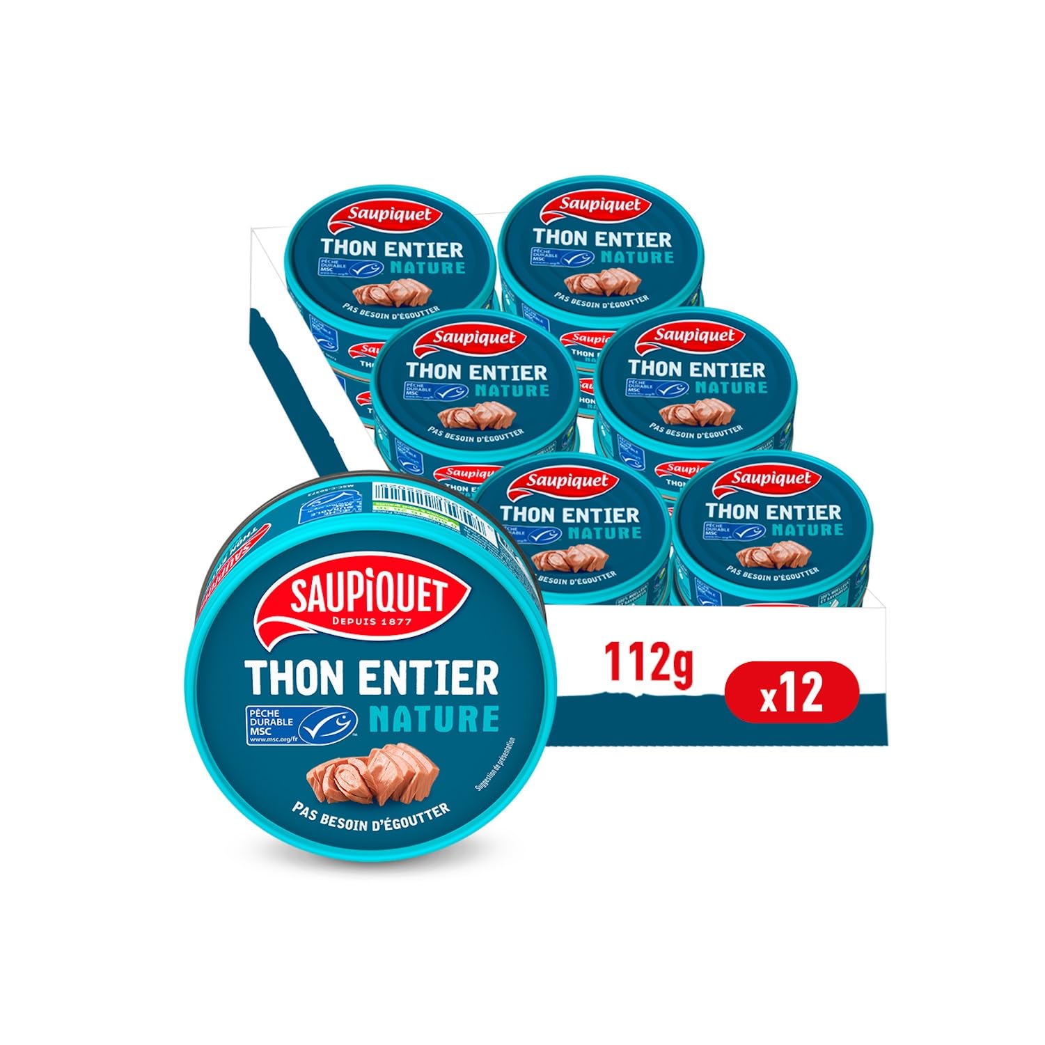 SAUPIQUET - Thon au Naturel - Thon Entier Nature - Moelleux & Savoureux - Issu d'une Pêche Durable Garantie MSC - 12 Conserves (112 g)