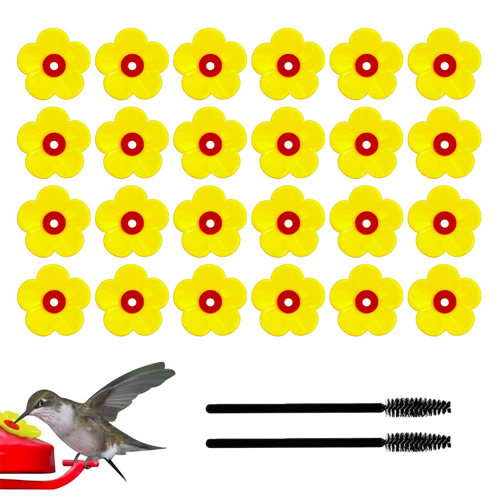 Photo 1 of 24pcs Hummingbird Feeder Replacement Flowers Hummingbird Feeder Replacement Parts Bird Feeder with 2 Cleaning Brush Replacement Flowers Feeding Ports for Outdoors Hanging Feeders(Yellow)