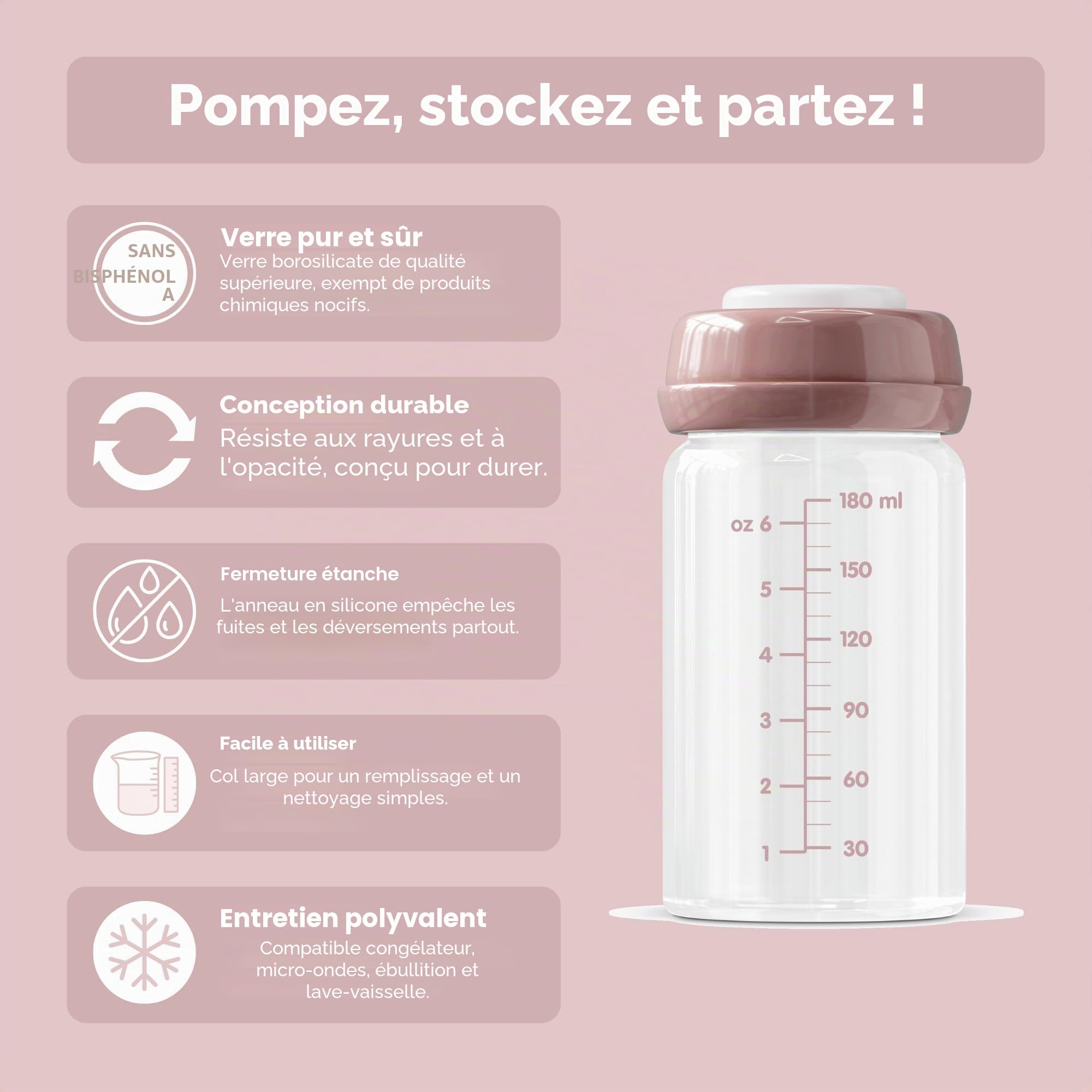 Lot de 4 bouteilles de conservation lait maternel verre 180 ml