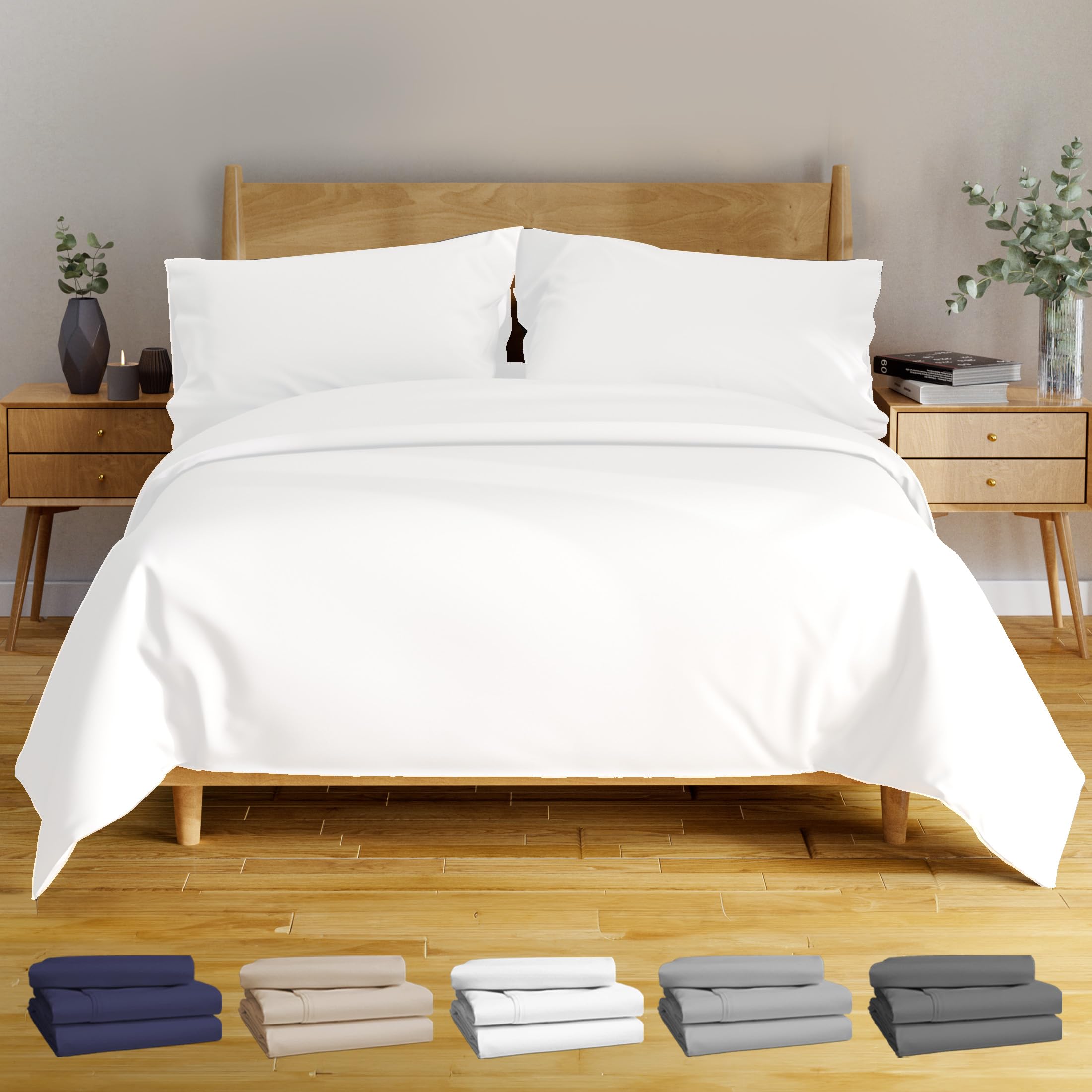 BAMPUREViscose from Bamboo Queen Size Sheets - 4 Pc Set - Ultra Soft Cooling Queen Sheets for Hot Sleepers - Oeko-Tex Certified - Deep Pockets (White)