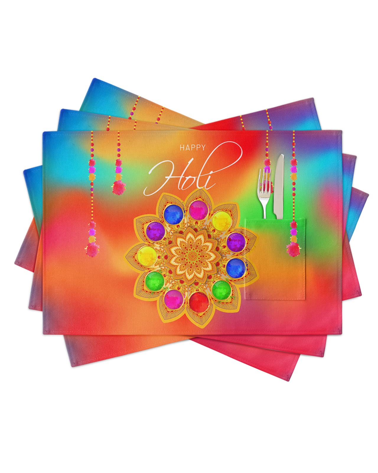 Indian Mandala Table Placemats for Dining Table Set of 4,Cotton Linen Cloth Kitchen Place Mats with Pocket,Burlap Square/Rectangle/Round/Oblong Table Holiday Food Mat,Traditional Holi Festival