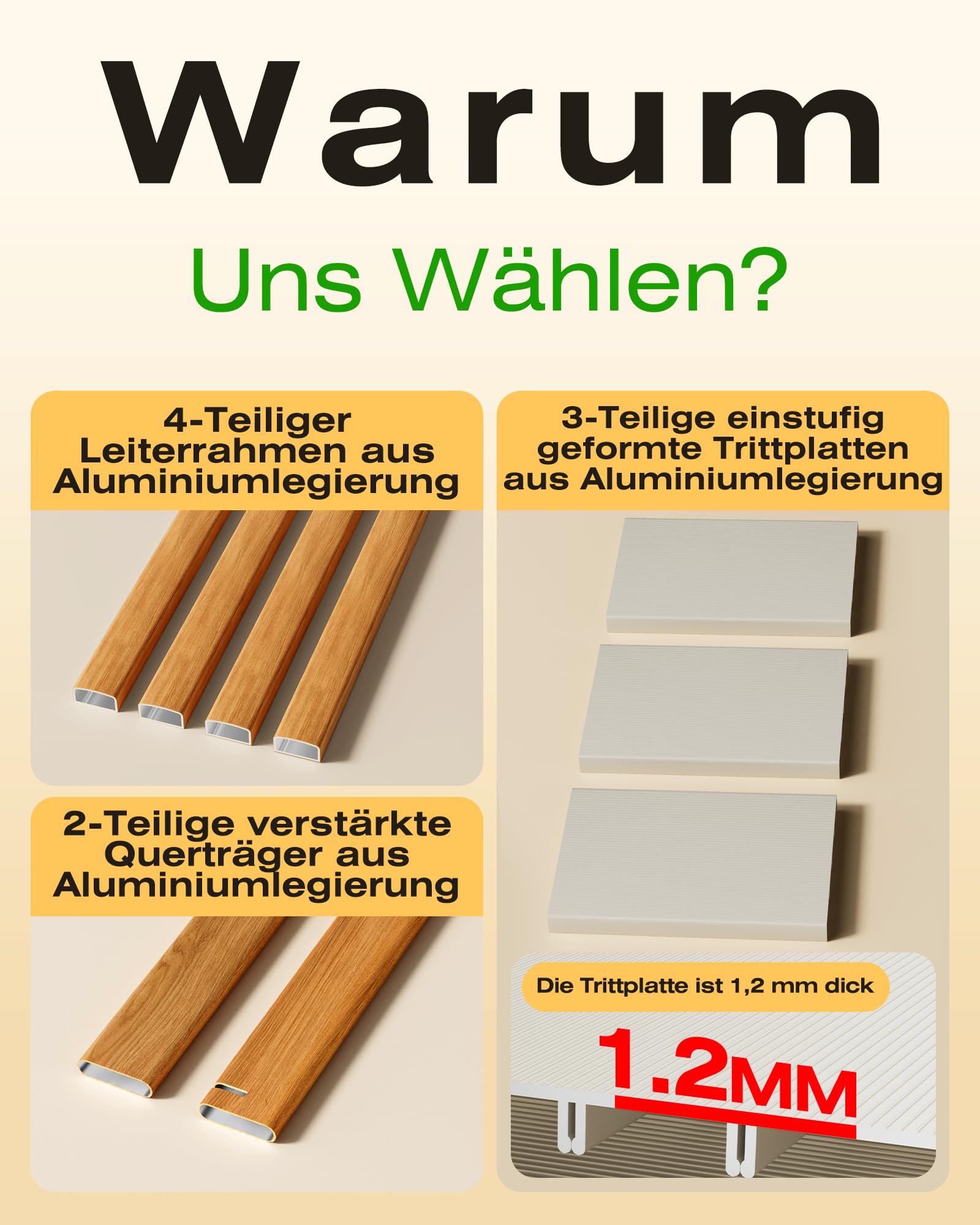 Trittleiter 3 Stufen klappbar,150 kg Kapazität mit Anti-Rutsch-Pedal,Tragbarer Tritthocker aus Alu,einfach zu verstauen,Innen- und Außenbereich, ästhetisches Aussehen,Weiß Holz