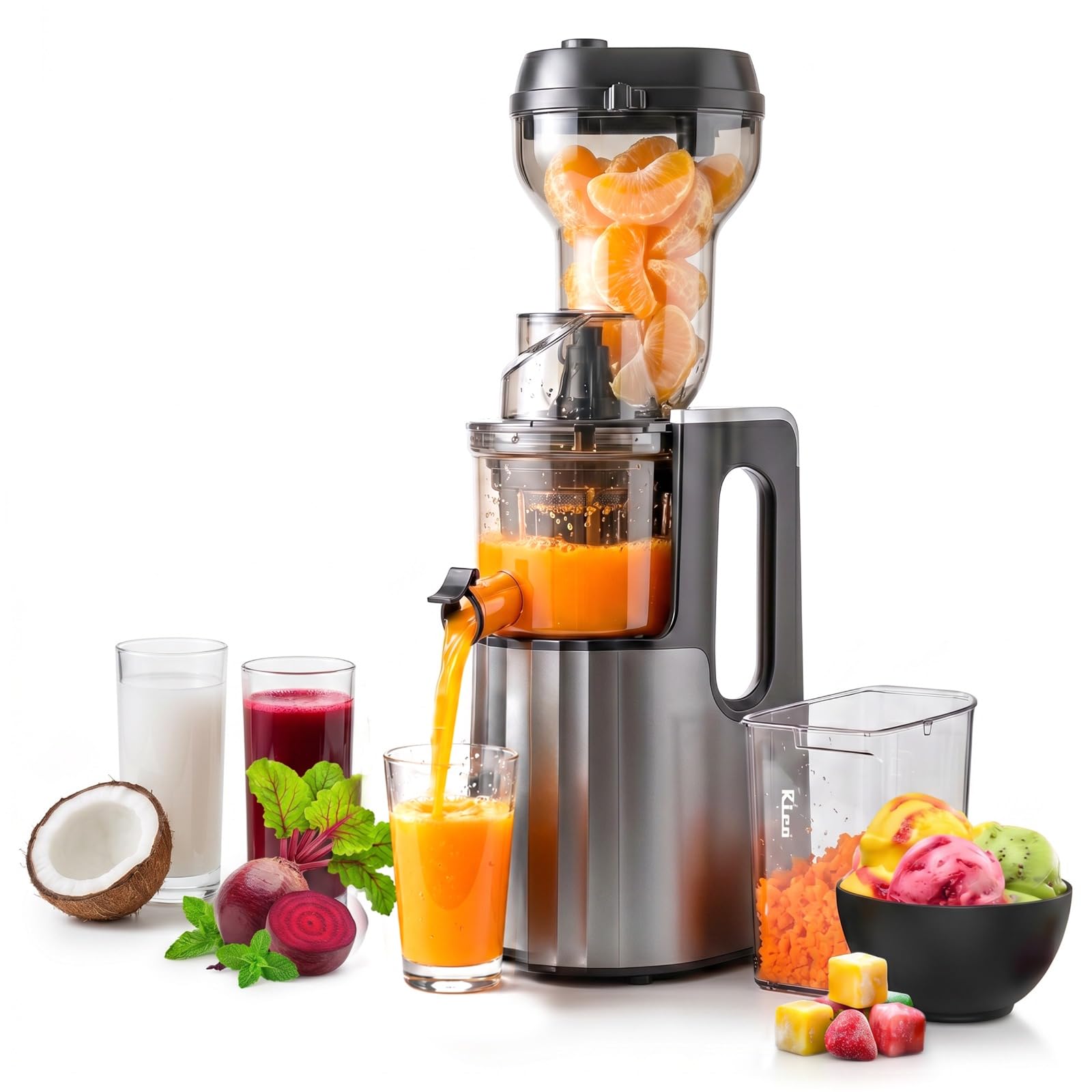 Rico Cold Press Juicer with Ice Cream Maker | All-in-1 Slow Juicer for Fruits, Vegetables, Nut Milk | 10% More Juice, Less Waste | Easy to Clean | Low Noise | Anti-Drip | 5-Year Warranty (Steel Gray)-image-30