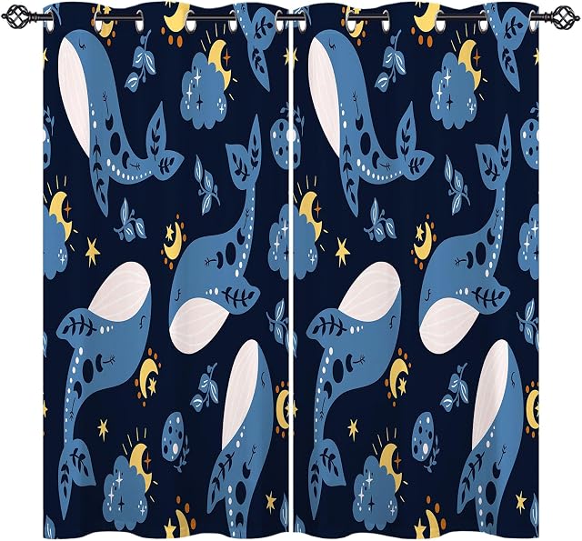 ANHOPE Blue Whale Curtains Eyelet Soft Thermal Insulated Blackout Curtains Ocean Sea Animal Cloud Moon Stars Print Pattern Ring Top Curtains for Kids Bedroom Living Room 46 x 54 Inch Drop 2 Panels