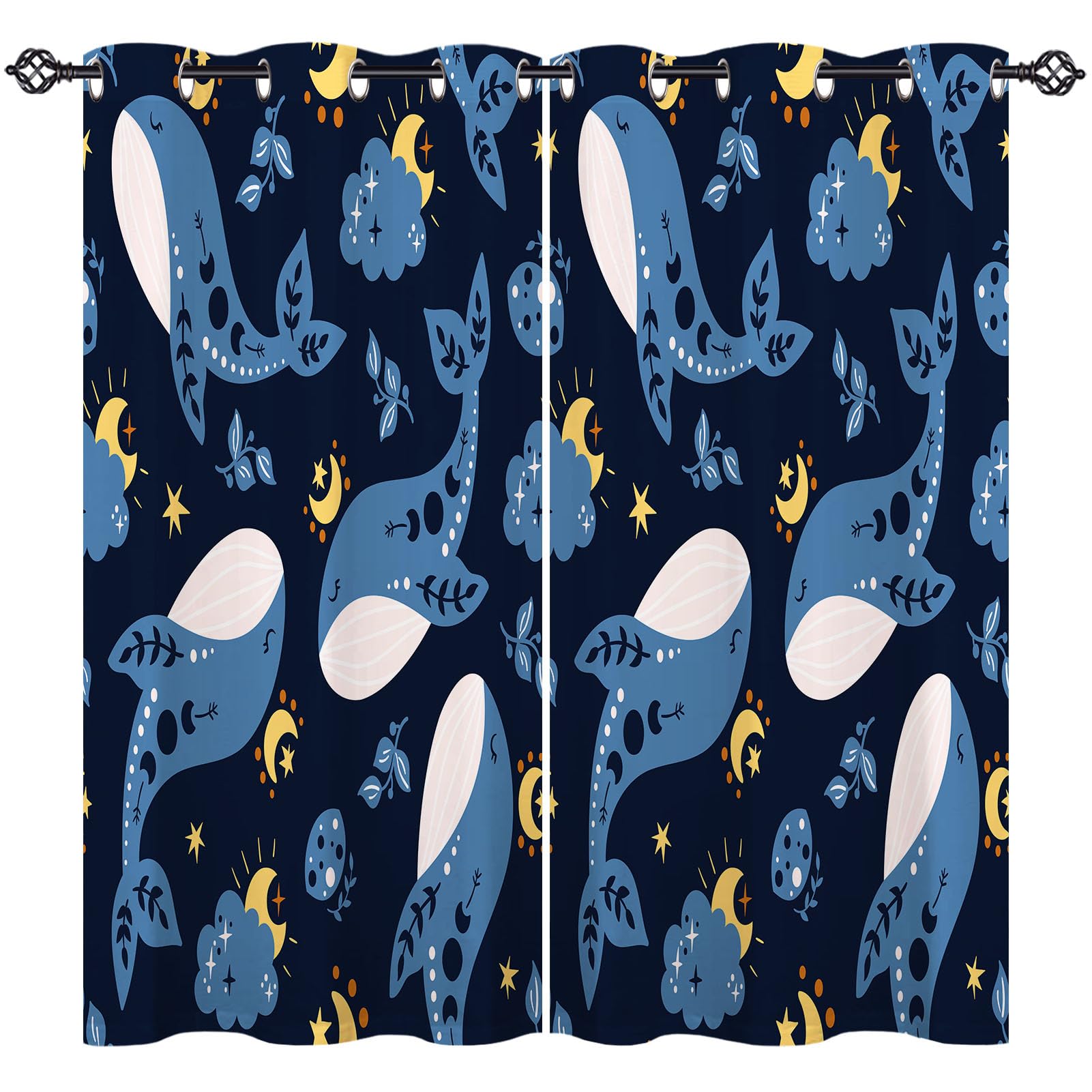 ANHOPE Blue Whale Curtains Eyelet Soft Thermal Insulated Blackout Curtains Ocean Sea Animal Cloud Moon Stars Print Pattern Ring Top Drapes for Kids Bedroom Living Room 55 x 63 Inch Drop 2 Panels — image 1