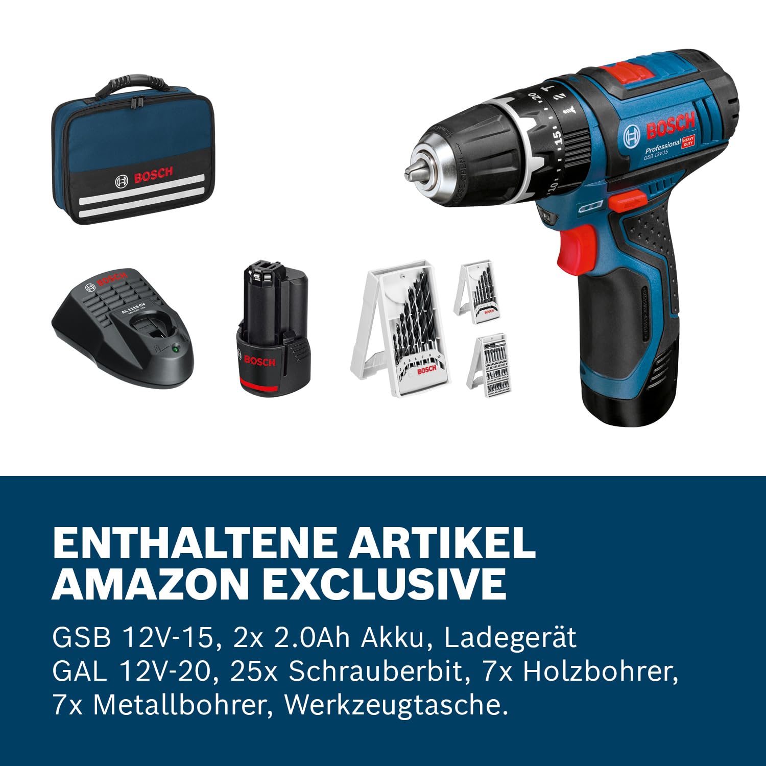 Bosch Professional 12V System Akku Schlagbohrschrauber GSB 12V-15 (Bohr-Ø Holz max: 19 mm, inkl. 2x 2.0Ah Akku + Ladegerät, 2x Bohrer-Set, 1x Bit-Set, Werkzeugtasche) - Amazon Exclusive