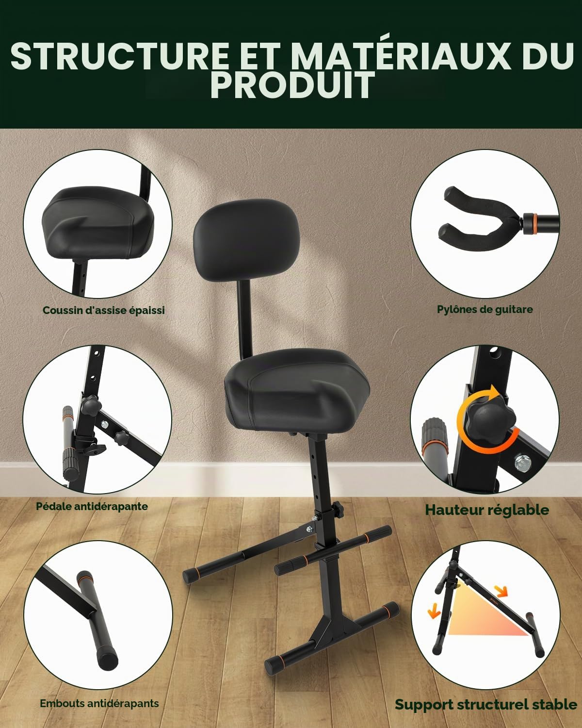 Strich SGT-40 Tabouret de Guitare avec Dossier, siège réglable en Hauteur avec Crochet de Suspension pour Basse électrique Acoustique, Tabouret de Batterie pour Adultes, batteurs et guitaristes