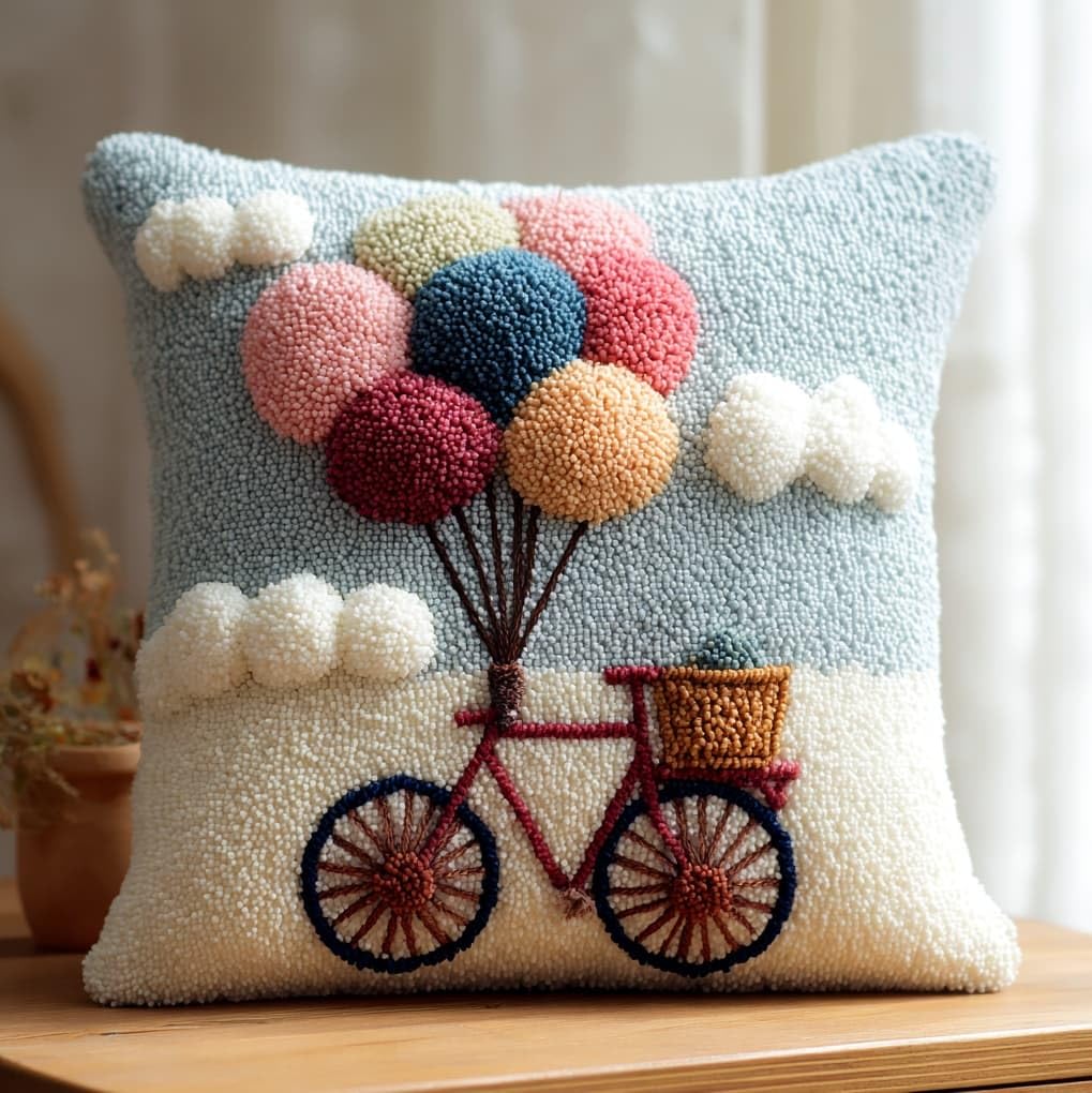 WallustrioaW Latch Hook Kits Pillowcase Embroidery Kit,Balloons on Bicycles,Latch Hook Cushion Cover for Adults and Beginners,Pillow Cover Sofa Cushion Craft,43x43cm