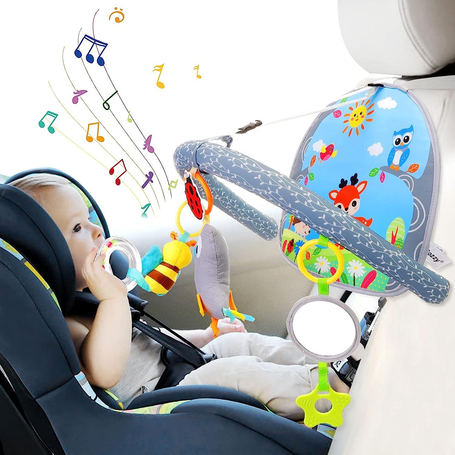 ZONEY Car Seat Toys for Babies 0-12 Months,Soft Car Seat Adjustable Activity Arch with Music, Mirror, Rattle, Teether Hanging Toy for Baby Infant 0-6-12 Months, Sensory Gift for Baby Boys Girls