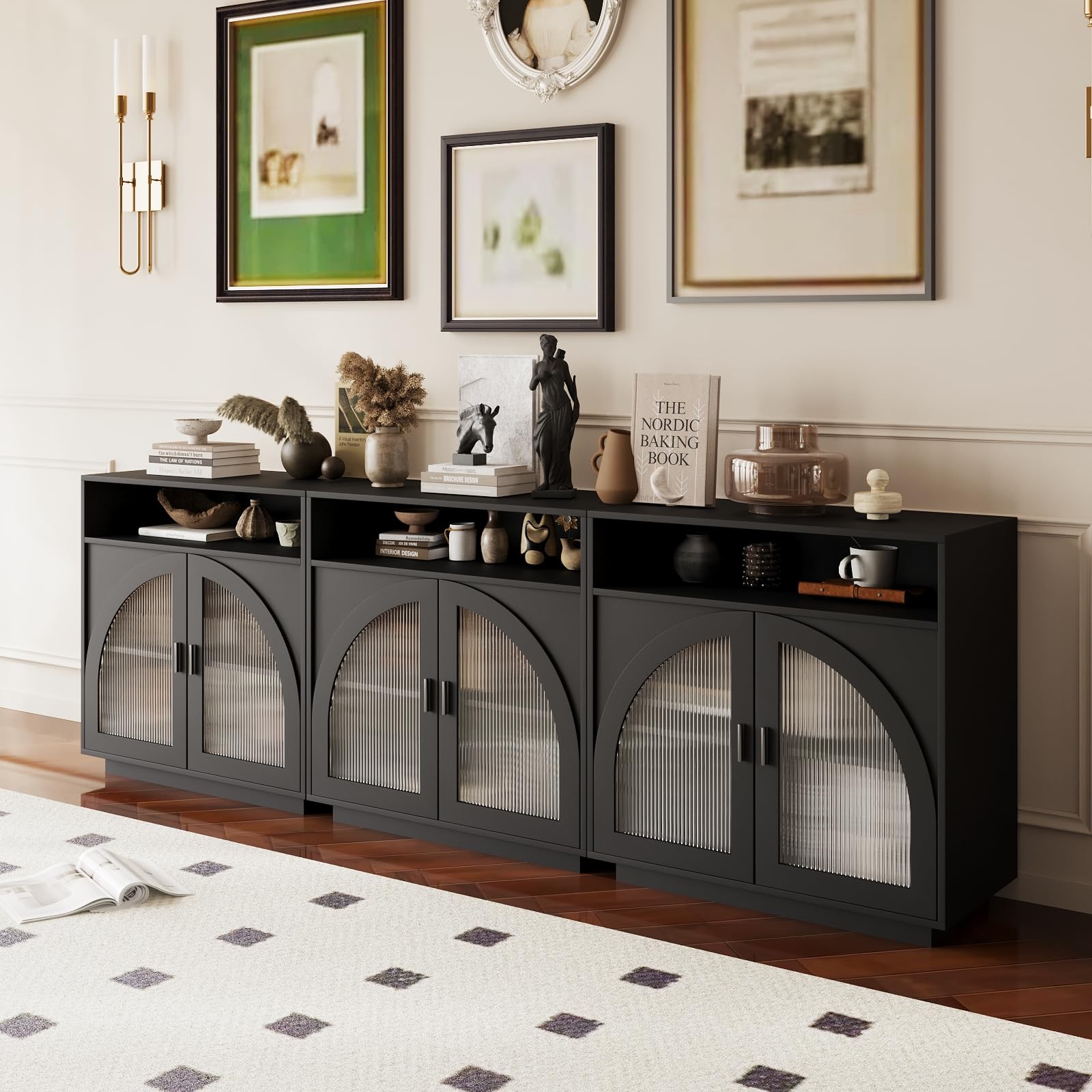 Sideboard Buffet Cabinet with Arched Acrylic Doors &amp; Storage(3, B-Black)