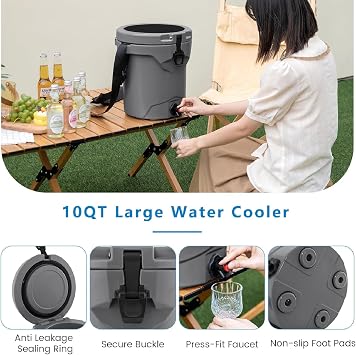 APLUSH Portable Water Cooler, 2.5 Gallon Camping Cooler Drink Dispenser with Faucet,10 QT Outdoor Cold & Hot Insulated Cooler for Camping Fishing Picnics Party,Beige,B