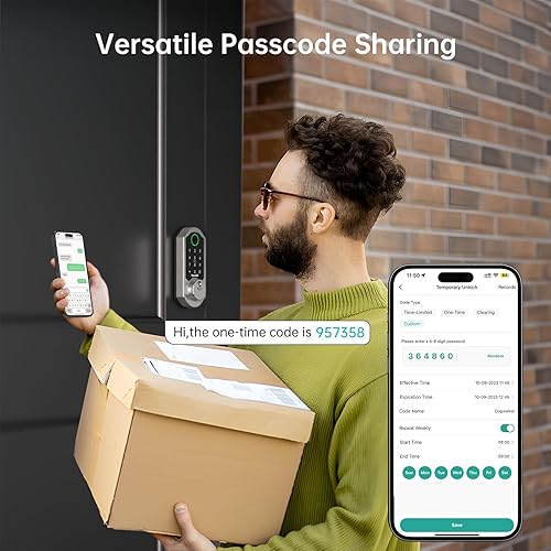Miniatura 5 de Cerradura inteligente WiFi de huellas dactilares Hornbill - Juego de cerradura de puerta delantera sin llave con asa, código de teclado, aplicación