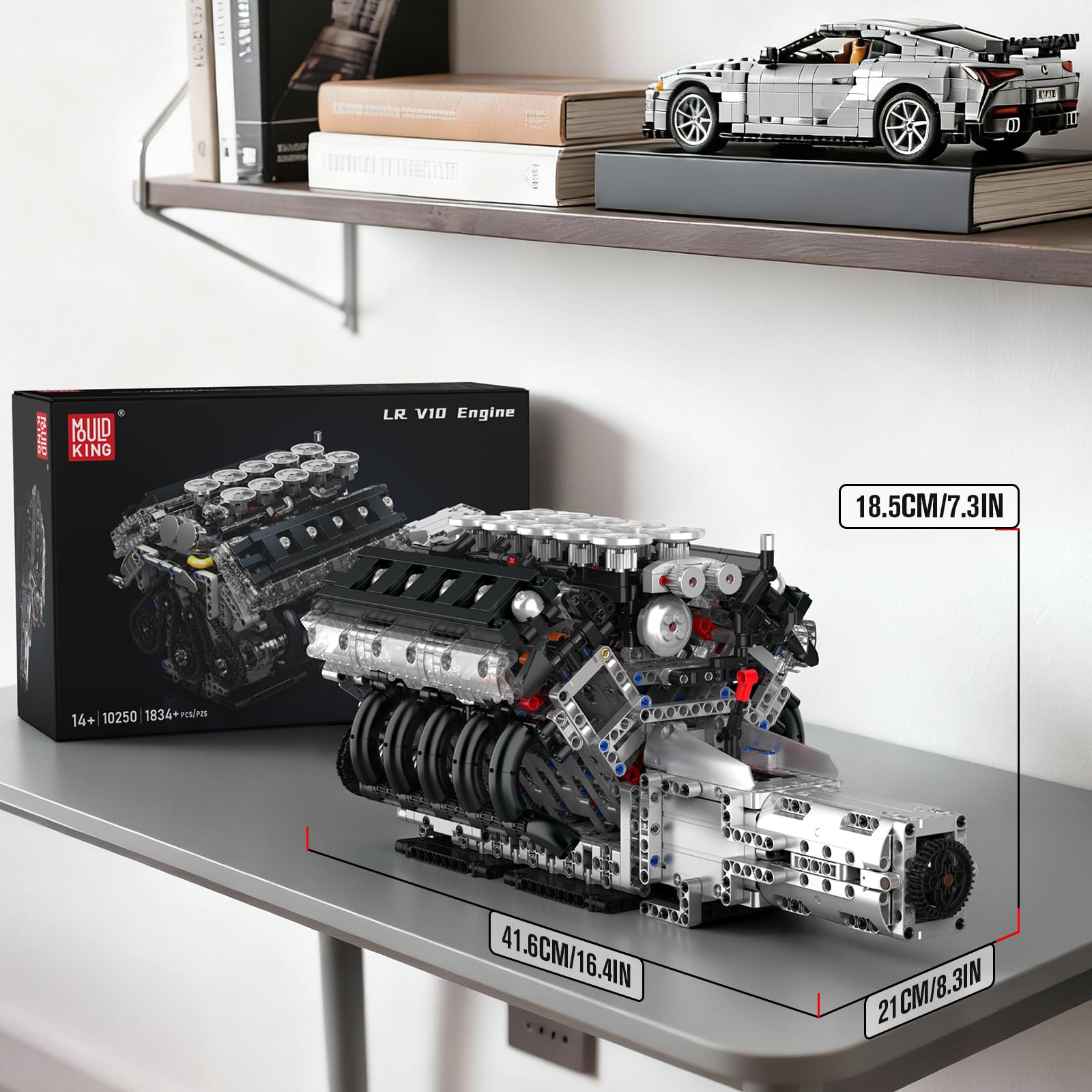 Mould King 10250 MOC Technik V10 Motor Baustein, 1834 Teile Sportwagen Klemmbausteine kit, STEM Spielzeug für Erwachsene und Sammler