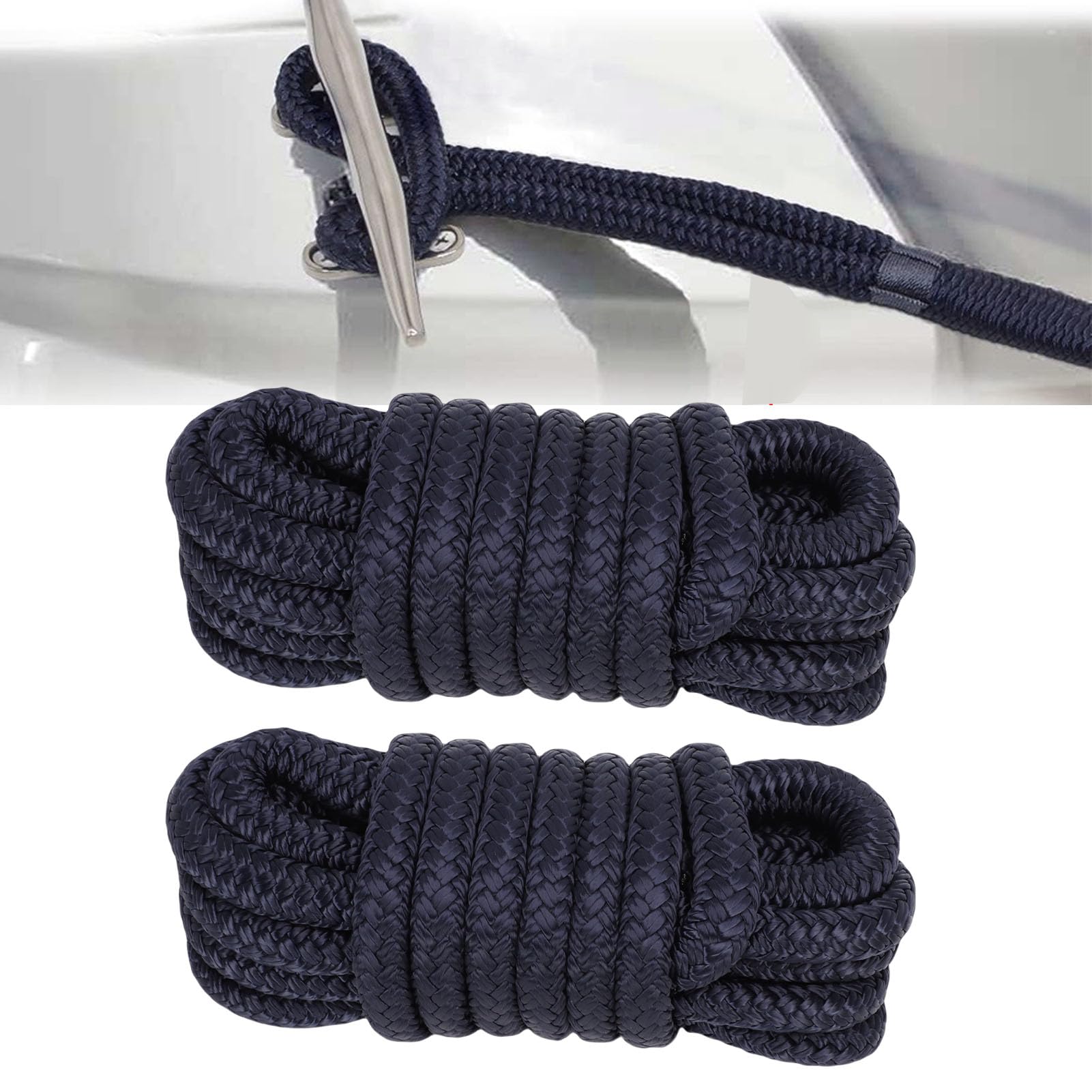 2 pezzi 0,37 x 15 piedi cime per ormeggio per barche, linea di ormeggio in nylon intrecciato doppio grado marino, antiurto, a prova di abrasione, ad alte prestazioni, corda per (Blu)