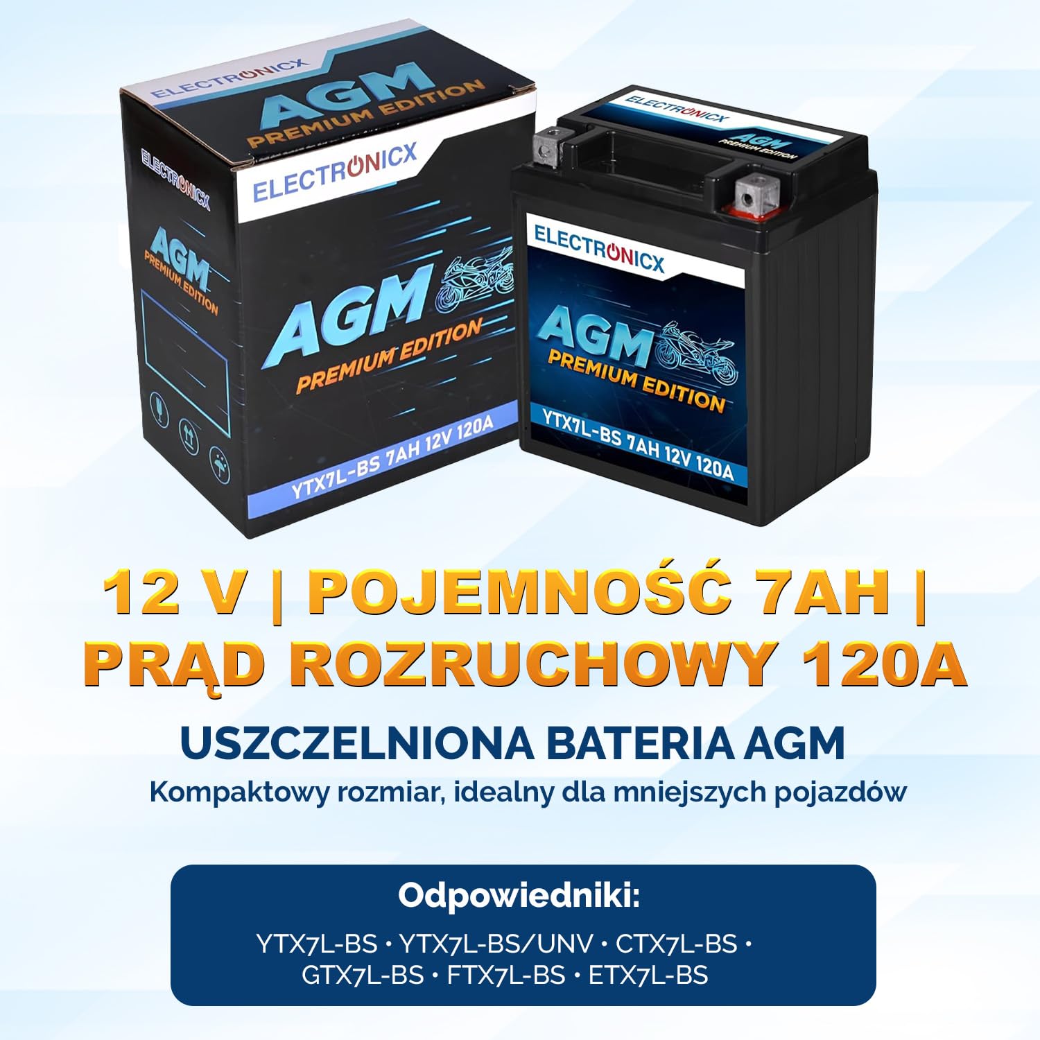 Electronicx AGM akumulator motocyklowy YTX7L-BS 12V 7Ah 120A – bezobsługowy, szczelny, kompaktowy, odporny na wibracje i wycieki – do skutera, quada i motocykla – Wymiary:113x70x128mm.