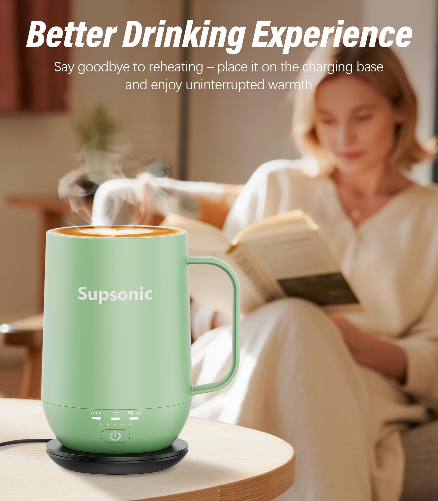 Supsonic - Taza de café autocalentable de 16 onzas, taza de café calentada inteligente, calentamiento más rápido de contacto directo de hasta 65.0 °C, juego de calentador de tazas de café con apagado
